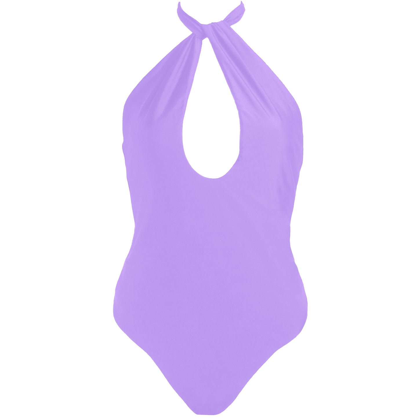 Lavender purple elevated halter one piece swimsuit with versatile cross front tie neck straps, keyhole neckline, high cut legs and full coverage.