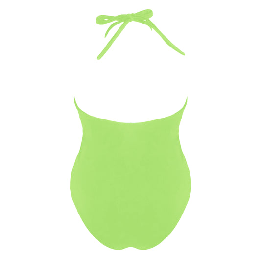 Back view of light neon green elevated halter one piece swimsuit with versatile cross front tie neck straps, keyhole neckline, high cut legs and full coverage.