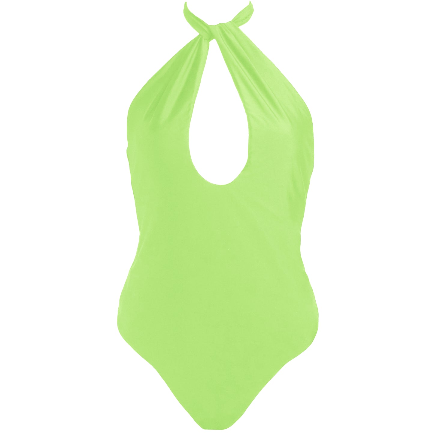 Light neon green elevated halter one piece swimsuit with versatile cross front tie neck straps, keyhole neckline, high cut legs and full coverage.