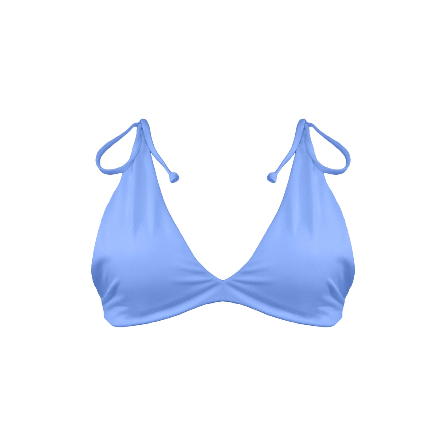 Periwinkle blue Capri bralette style bikini top with adjustable tie shoulder straps.