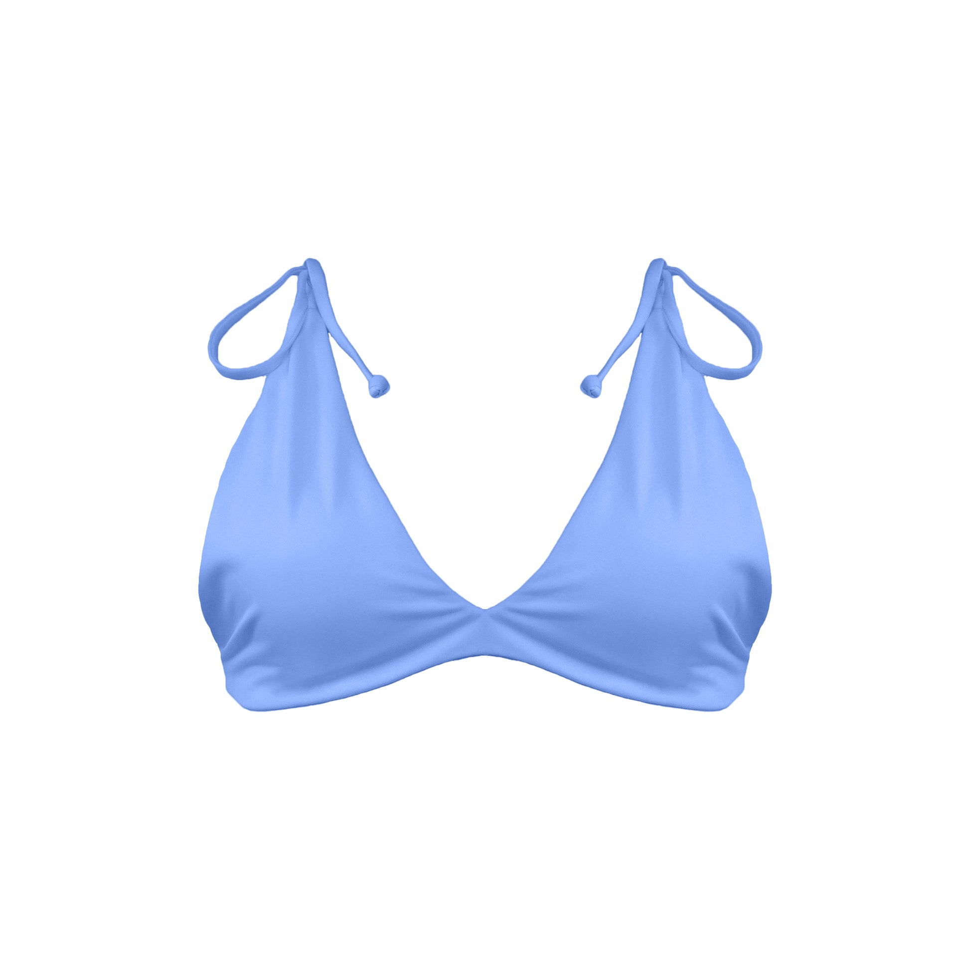 Periwinkle blue Capri bralette style bikini top with adjustable tie shoulder straps.