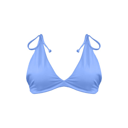 Periwinkle blue Capri bralette style bikini top with adjustable tie shoulder straps.