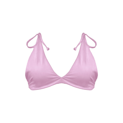 Pastel pink Capri bralette style bikini top with adjustable tie shoulder straps.