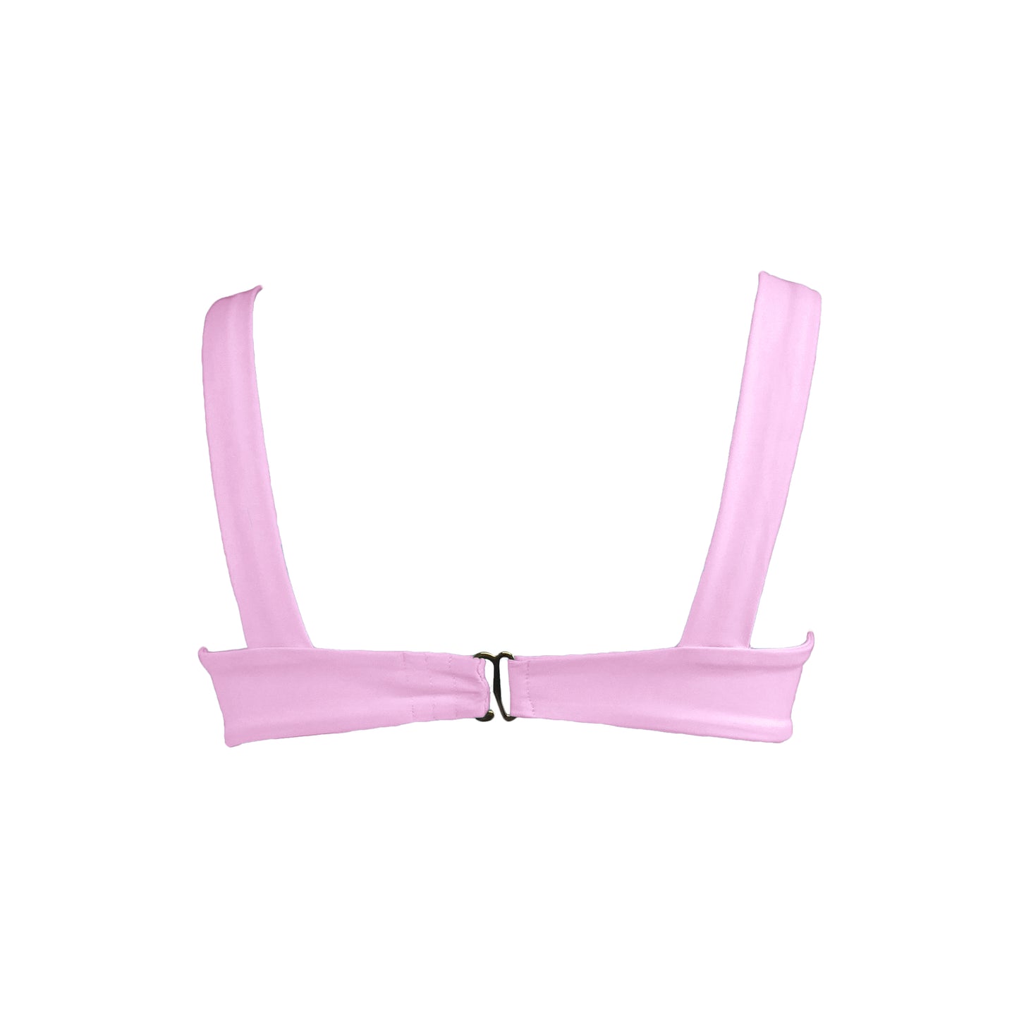 Back view astel pink straight neck, underwire bikini top with wide shoulder straps and back hook closure.