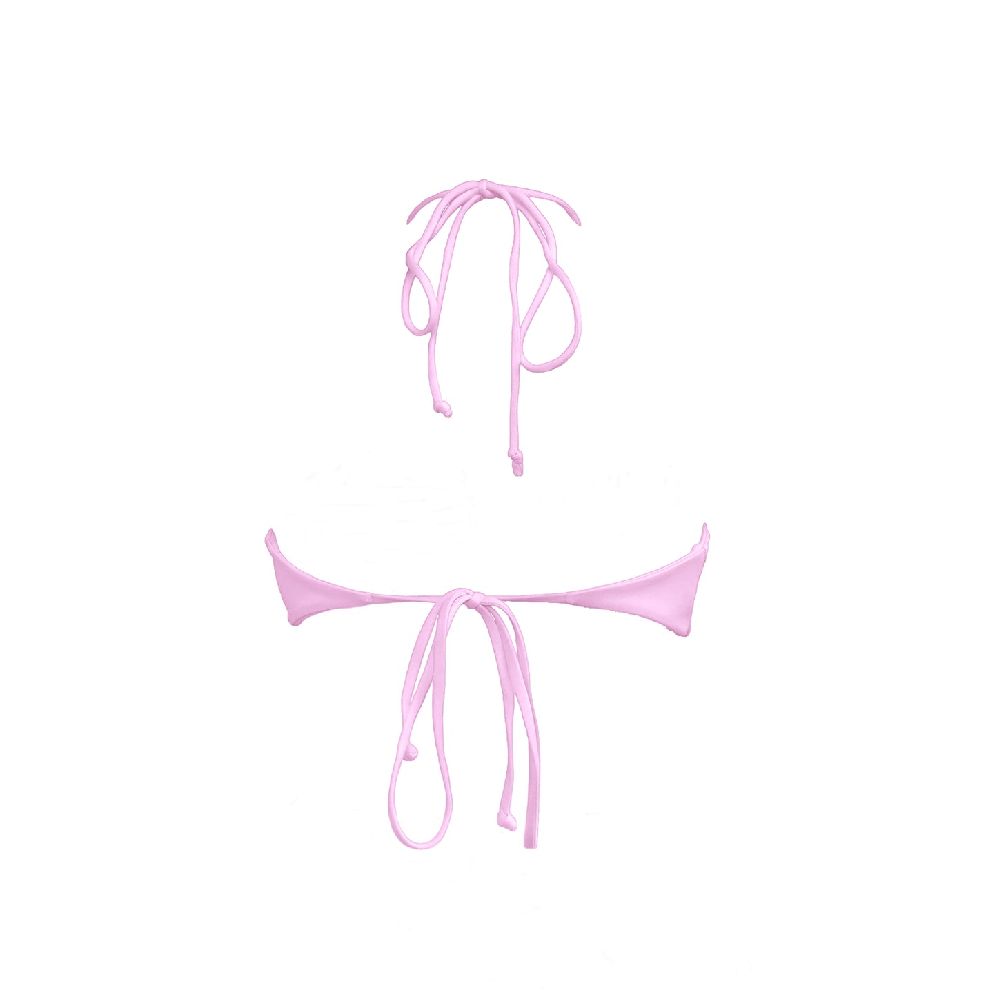 Back view of pastel pink strapless bikini top with front halter strap and adjustable tie back.