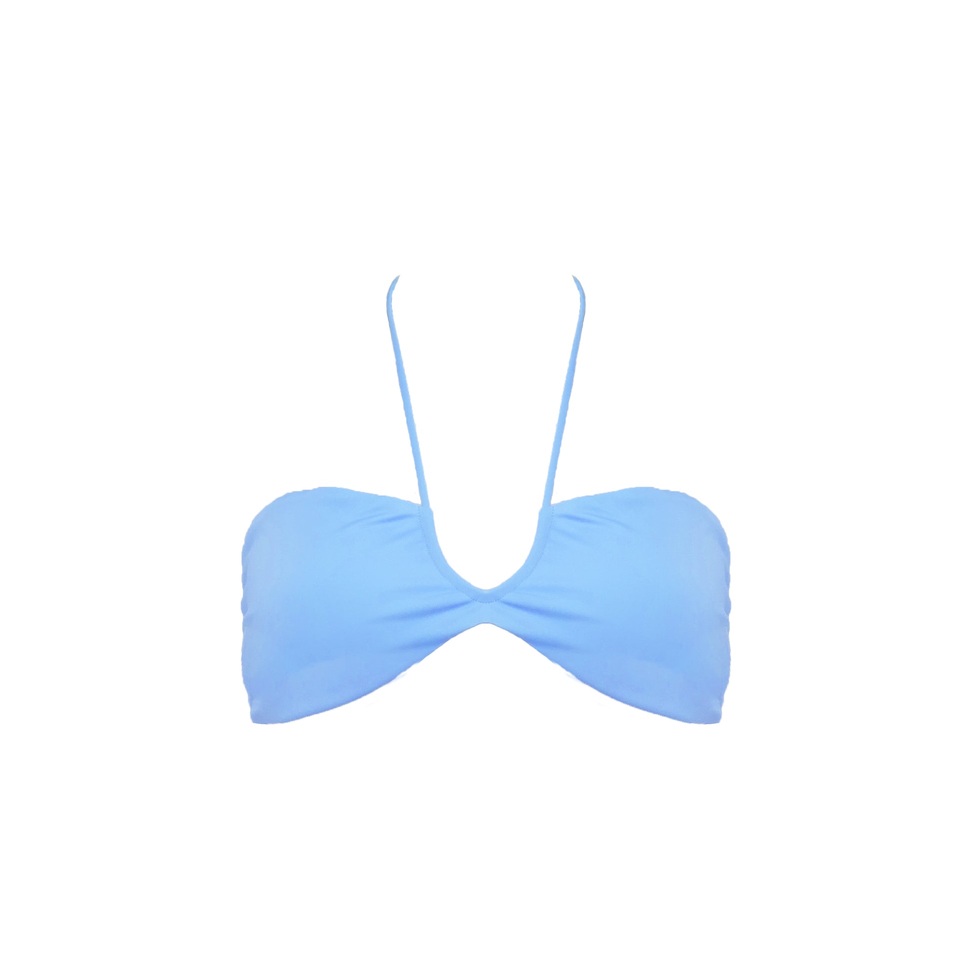 Periwinkle blue strapless bikini top with front halter strap and adjustable tie back.