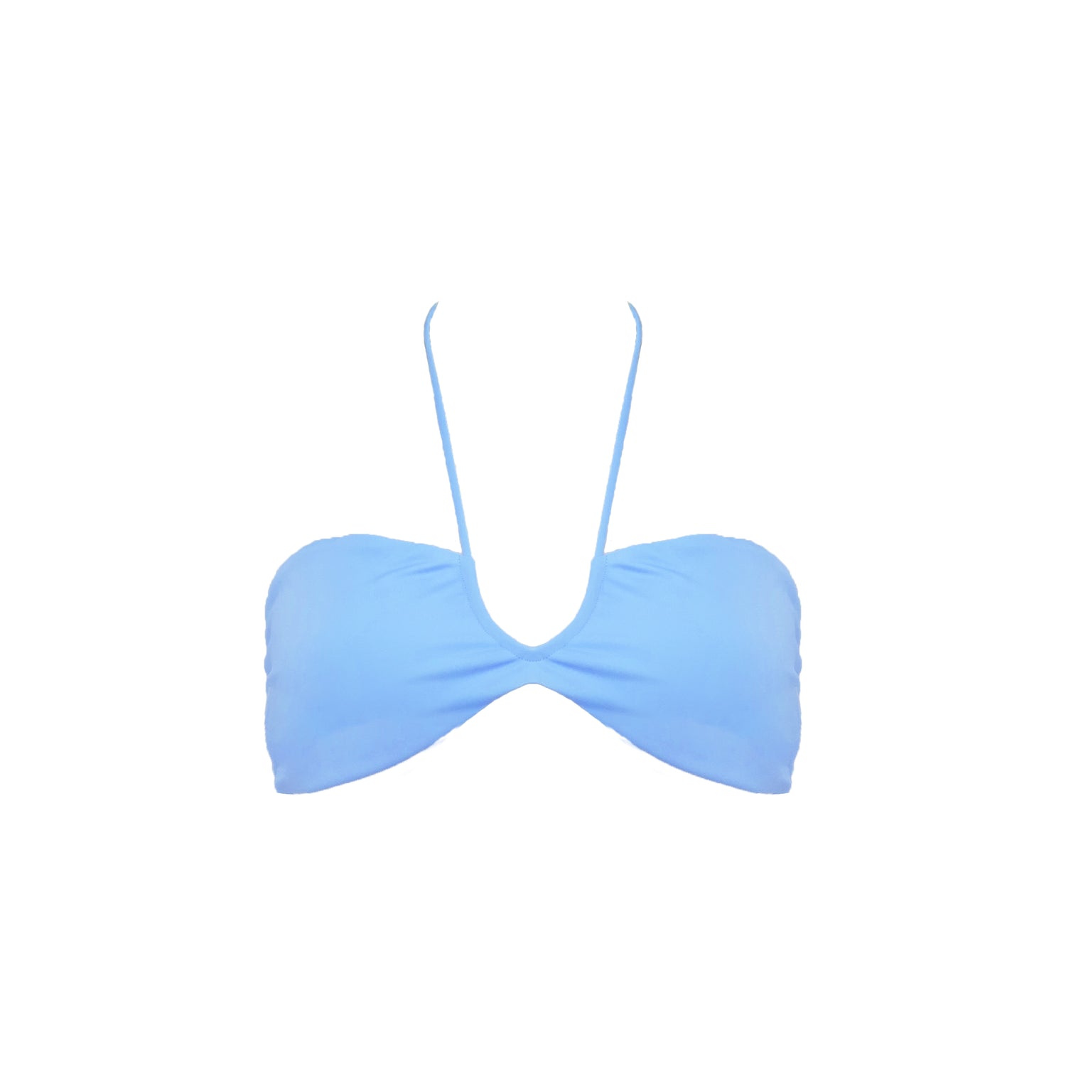 Periwinkle blue strapless bikini top with front halter strap and adjustable tie back.