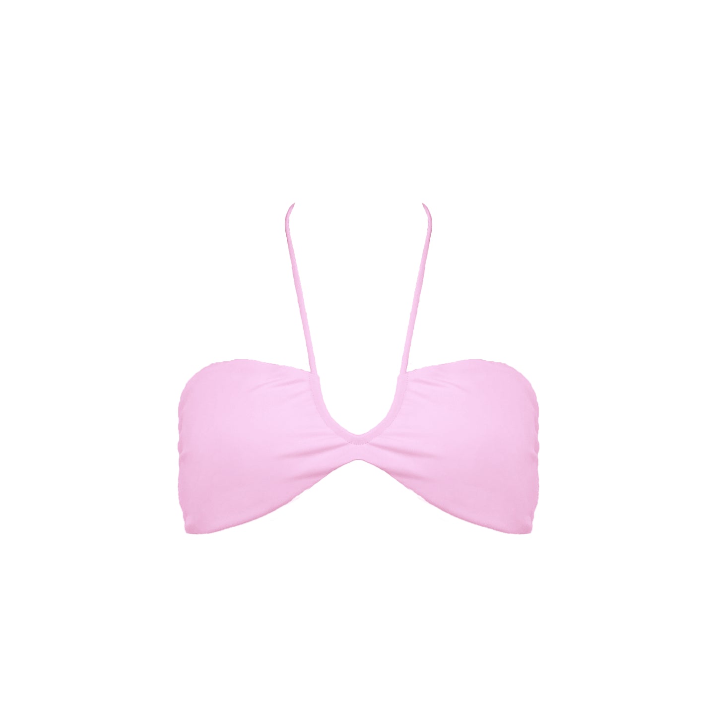 Pastel pink strapless bikini top with front halter strap and adjustable tie back.