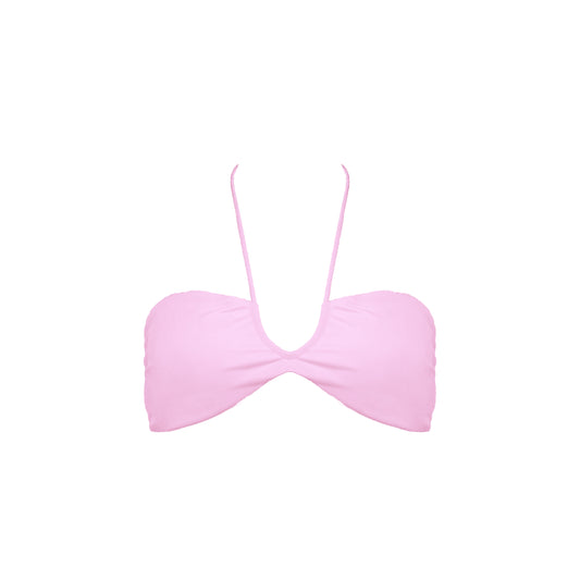 Pastel pink strapless bikini top with front halter strap and adjustable tie back.