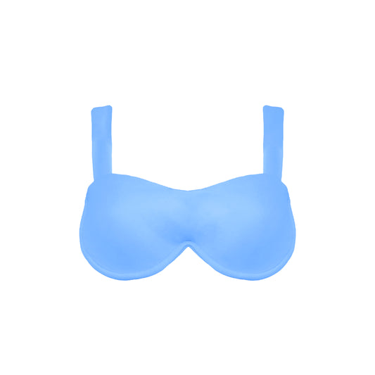 Periwinkle blue straight neck, underwire bikini top with wide shoulder straps and back hook closure.