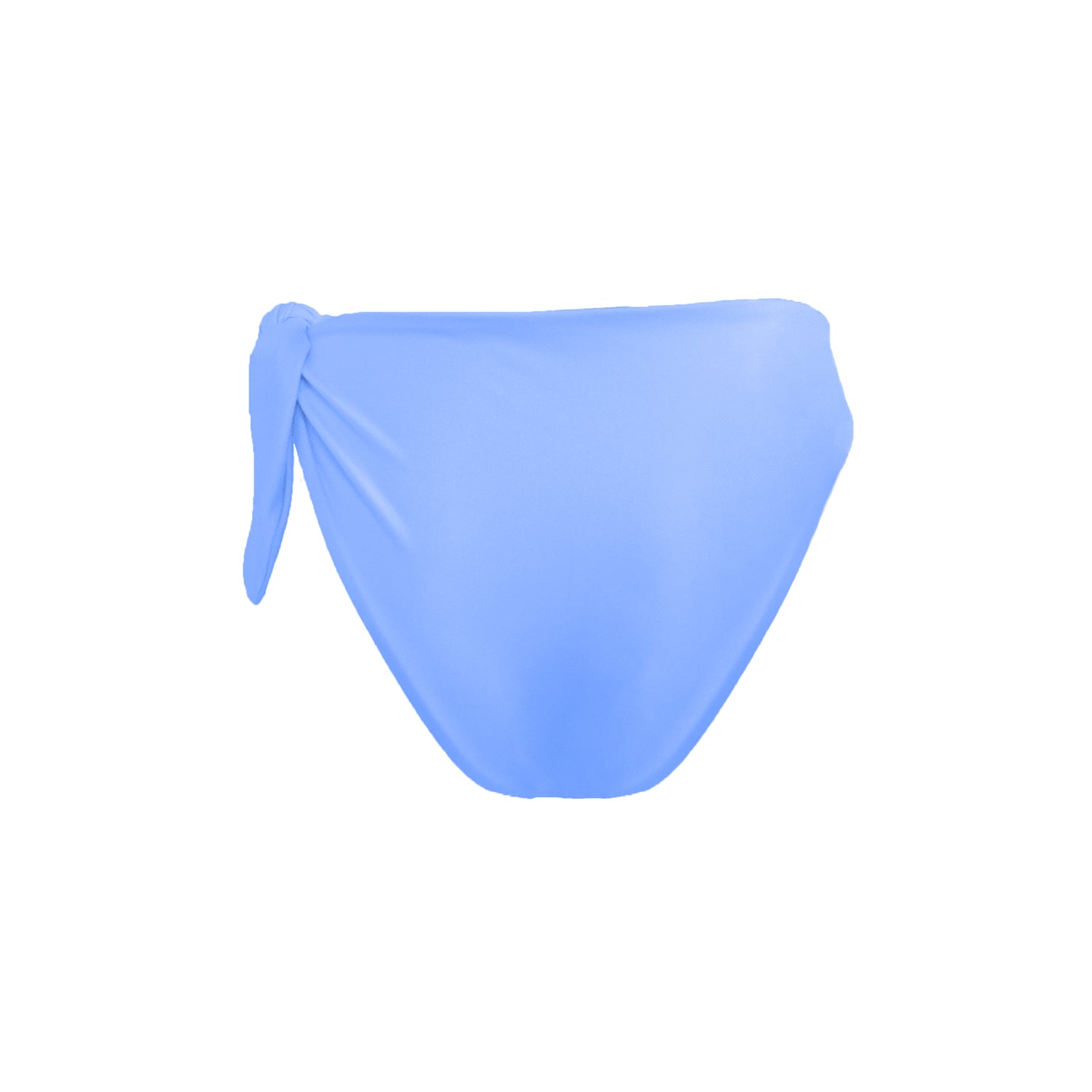 Back view of periwinkle blue Capri bikini bottom with asymmetric adjustable side tie and cheeky bum coverage.