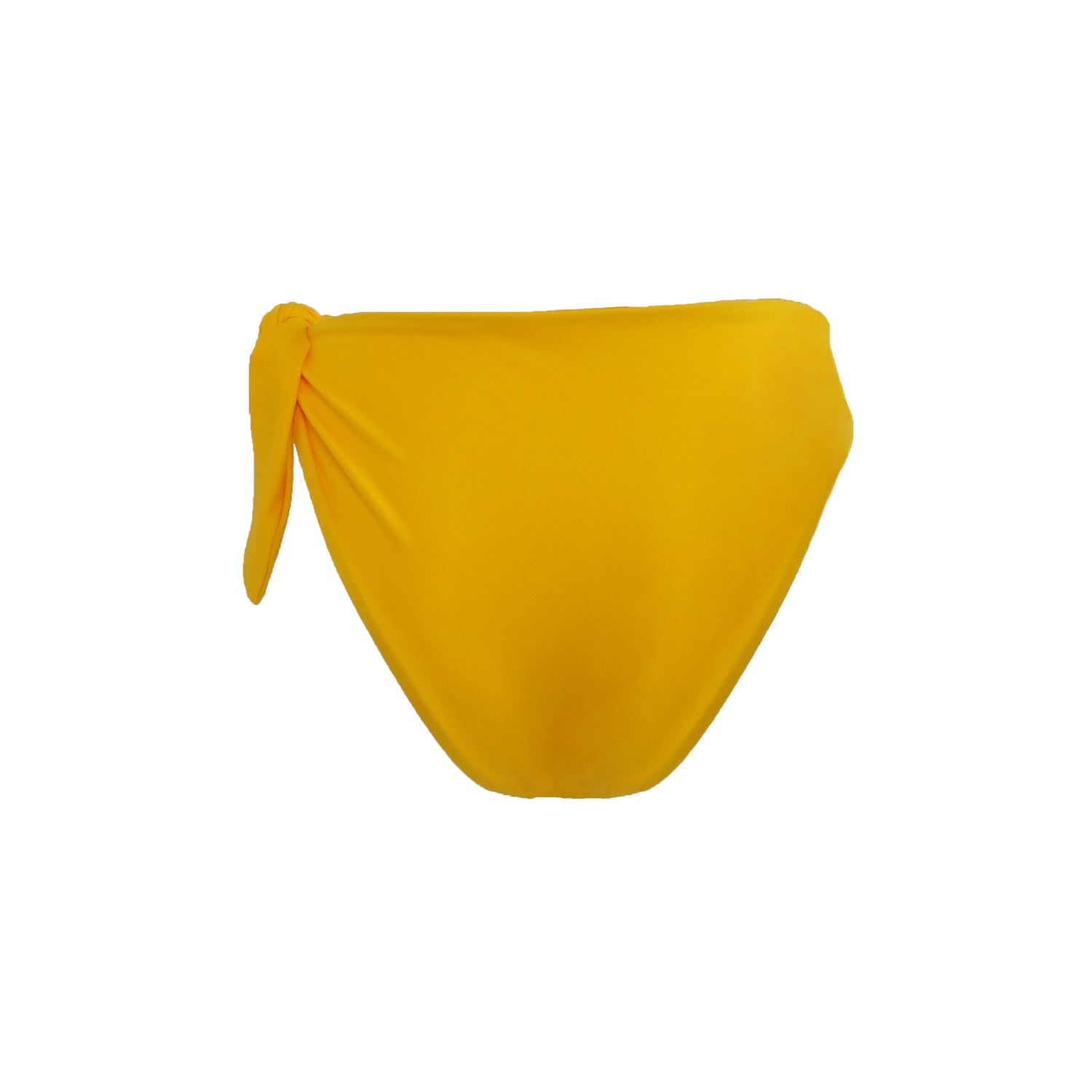 Back view of light bright orange Capri bikini bottom with asymmetric adjustable side tie and cheeky bum coverage.