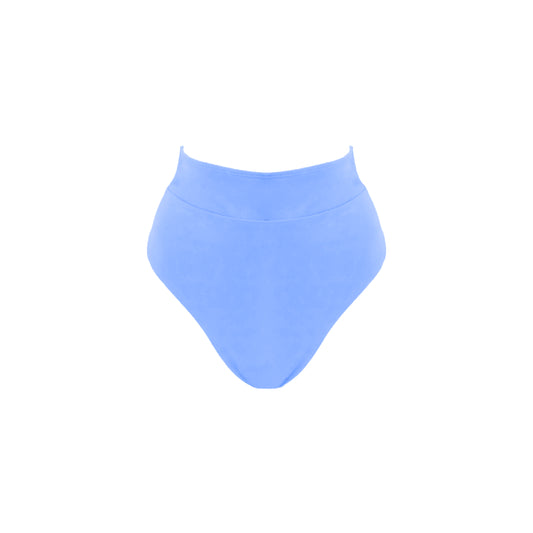 Periwinkle blue ultra high waist bikini bottom with banded waist, high cut legs and full bum coverage.