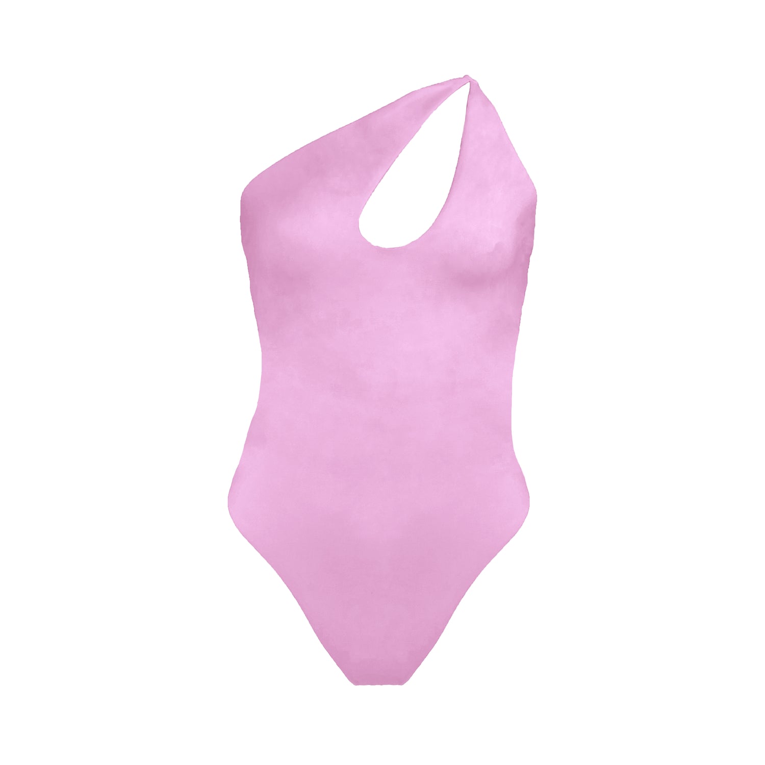 Pastel pink asymmetric Palermo one piece swimsuit with keyhole neckline cutout, high cut legs, and cheeky bum coverage.