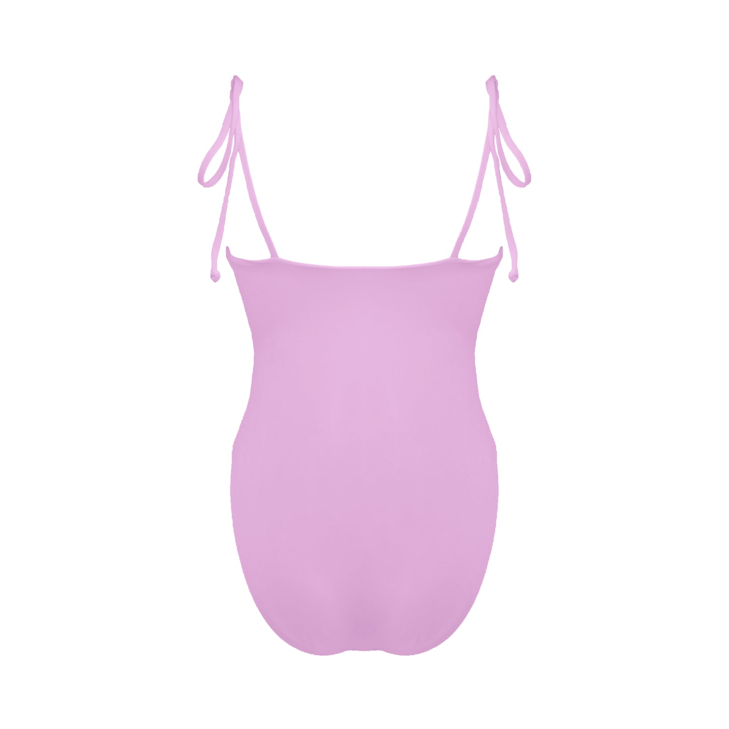 Back view pastel pink straight Tuscany neck one piece swimsuit with adjustable tie shoulder straps and full bum coverage