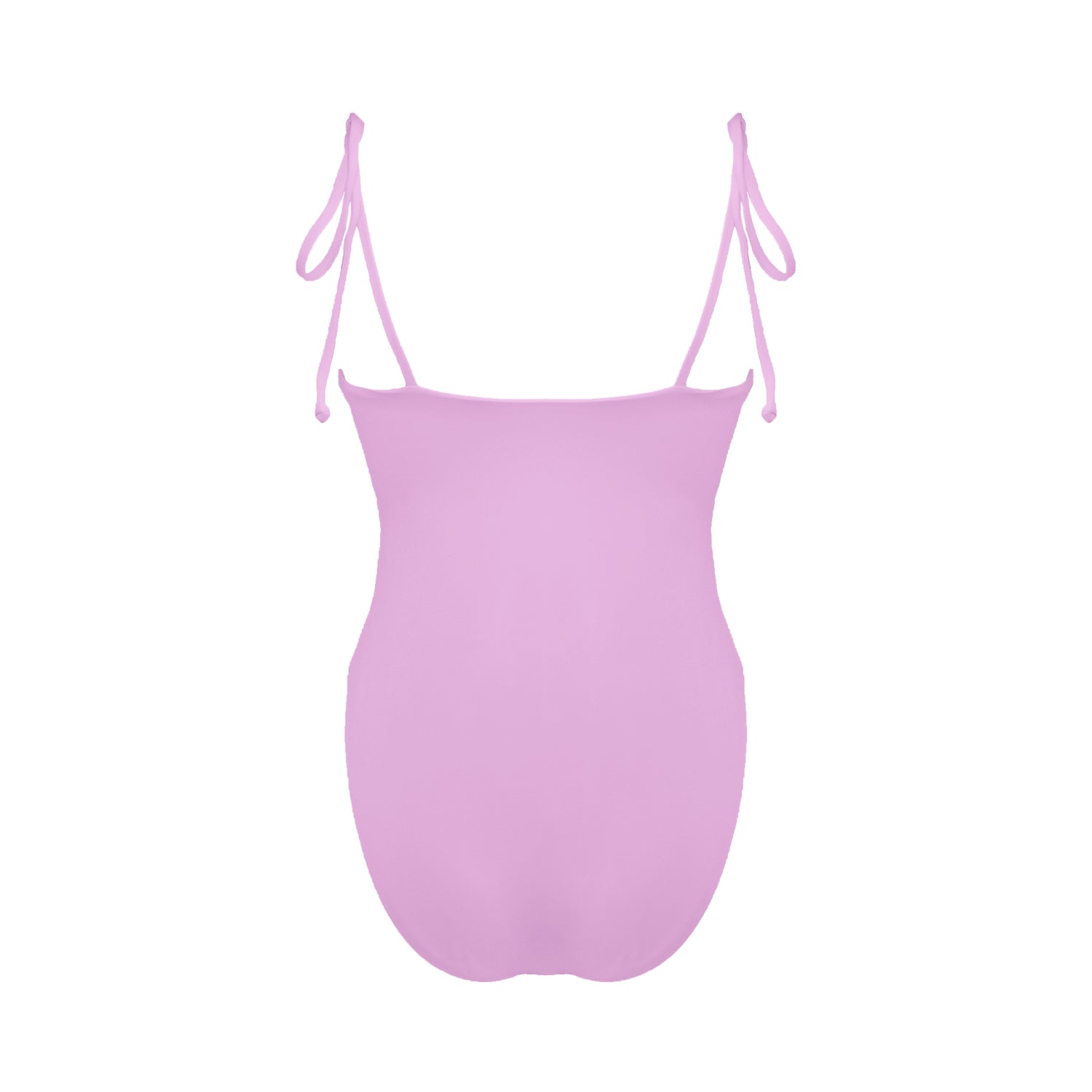 Back view pastel pink straight Tuscany neck one piece swimsuit with adjustable tie shoulder straps and full bum coverage