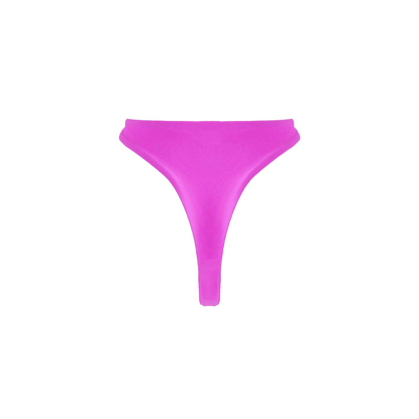 Back view of bright pink high waist thong bikini bottom with high cut legs.