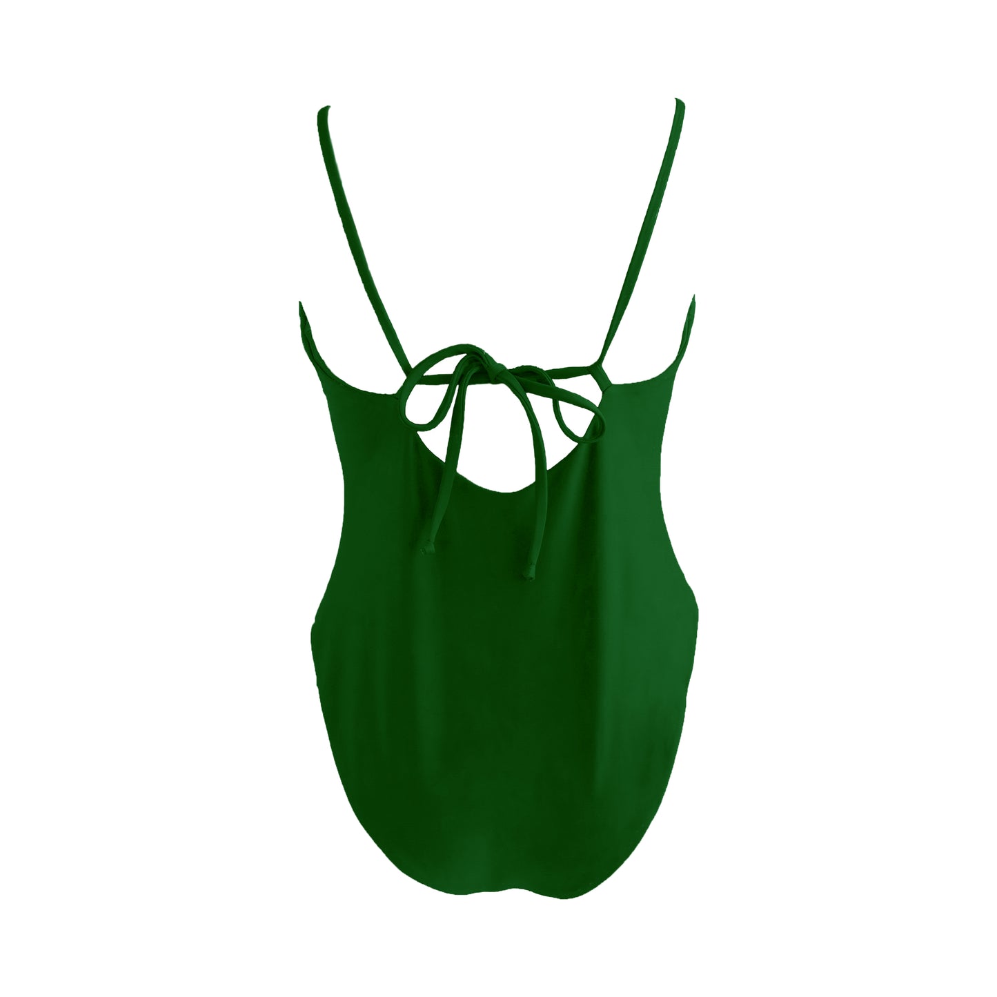 Back view of forest green Simplistic scoop neck one piece swimsuit with tie back, high cut legs and cheeky bum coverage.