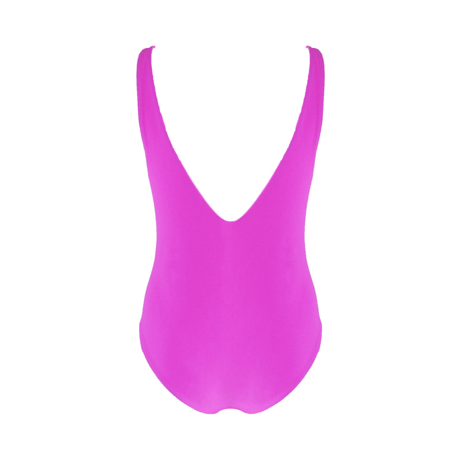 Back view of barbie pink plunging v-neck one piece swimsuit with low back, high cut legs, and cheeky bum coverage.