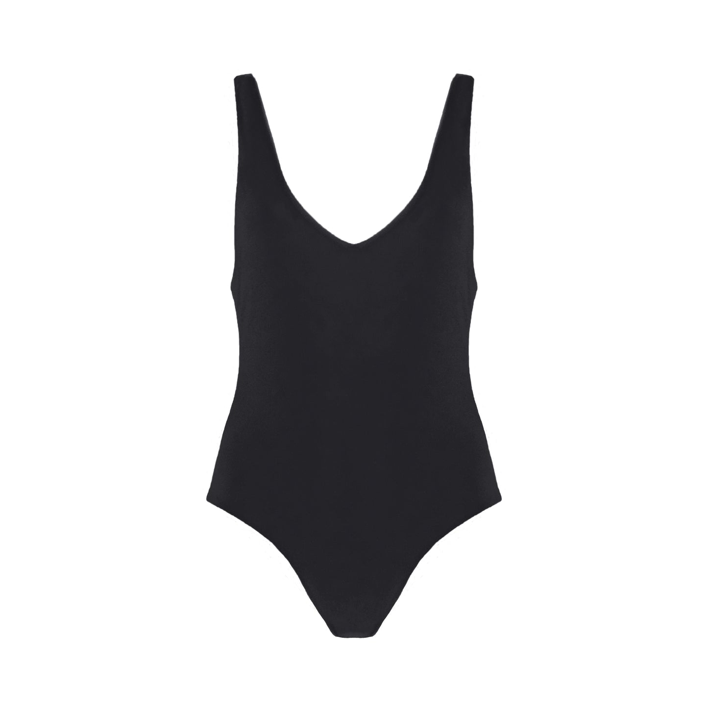 Charcoal grey plunging v-neck one piece swimsuit with low back, high cut legs, and cheeky bum coverage.
