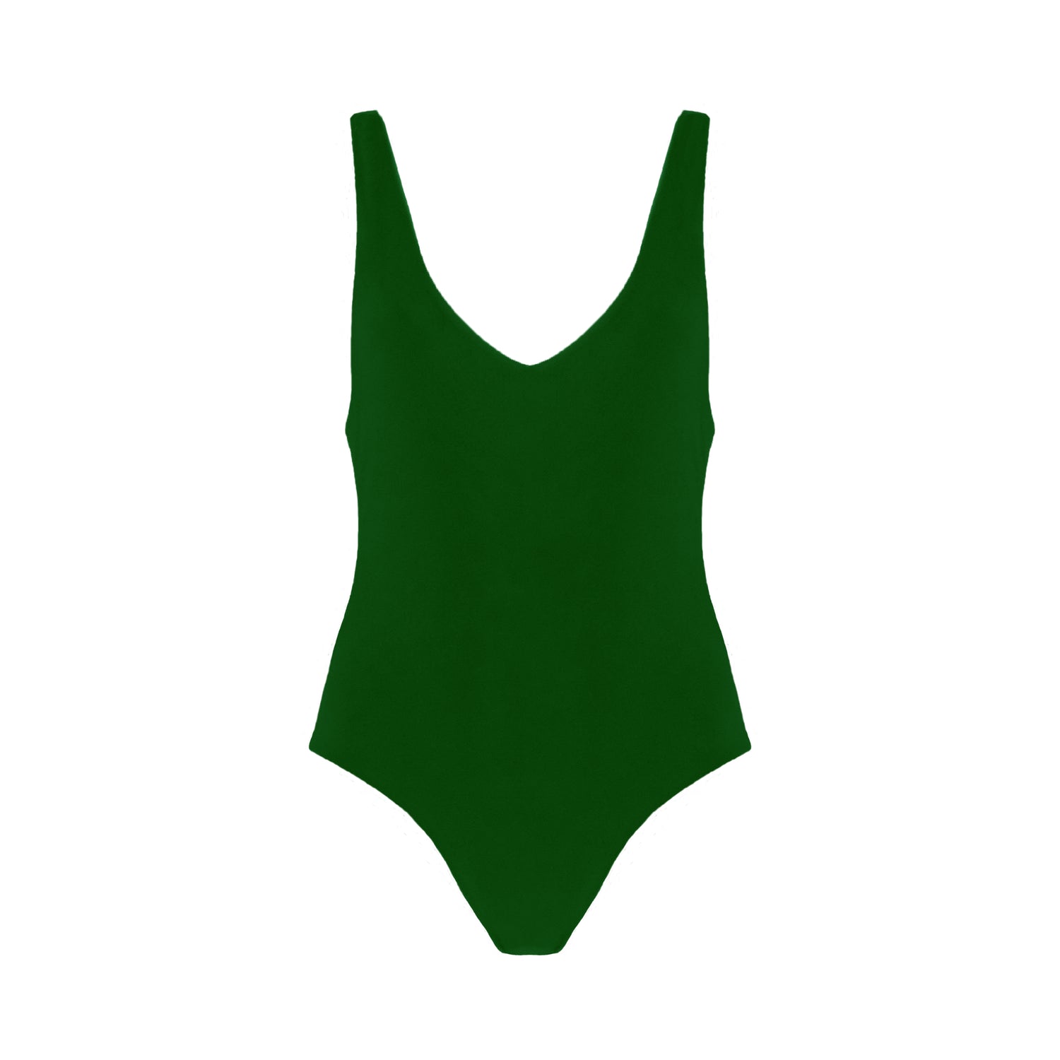 Forest green plunging v-neck one piece swimsuit with low back, high cut legs, and cheeky bum coverage.