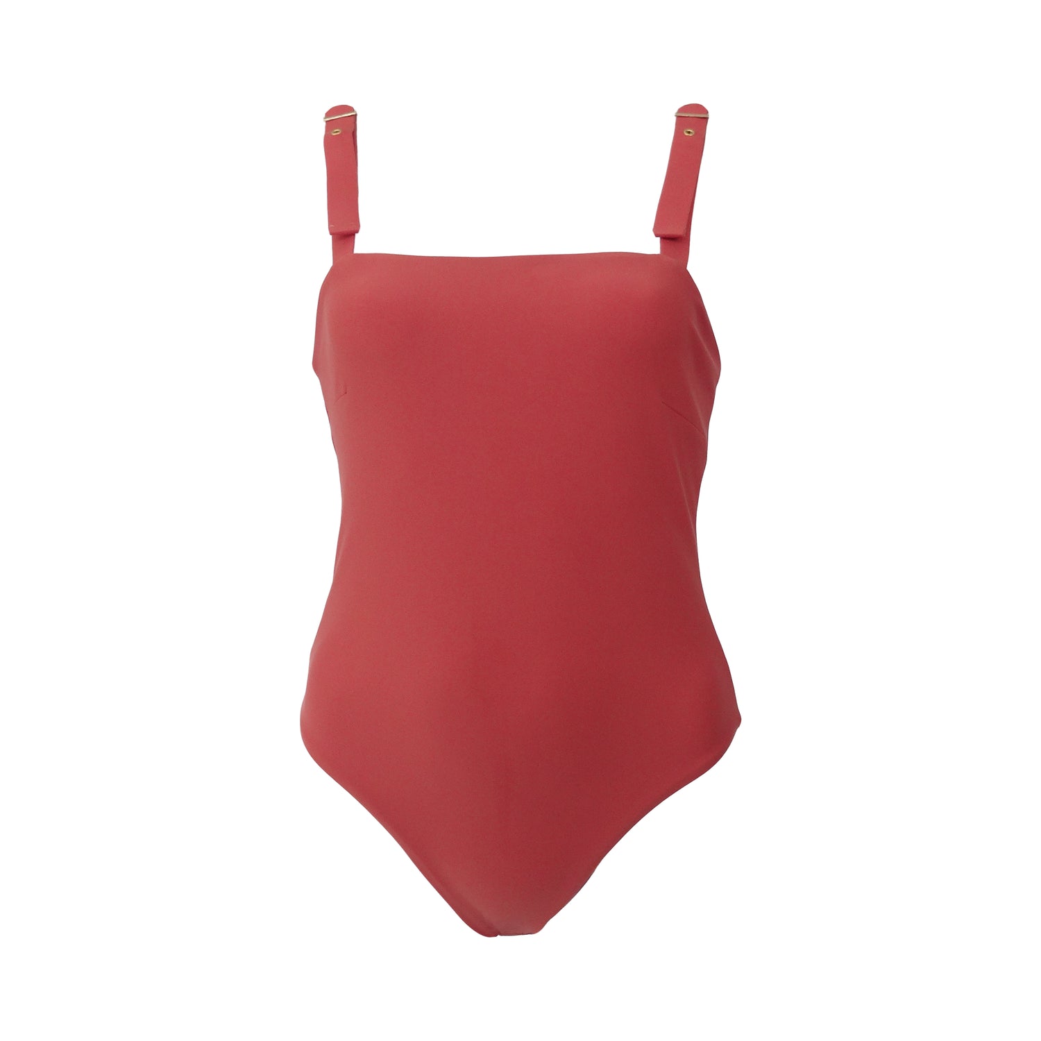 Terracotta straight square neck one piece swimsuit with adjustable gold belt buckle shoulder straps, high cut legs and cheeky bum coverage. 