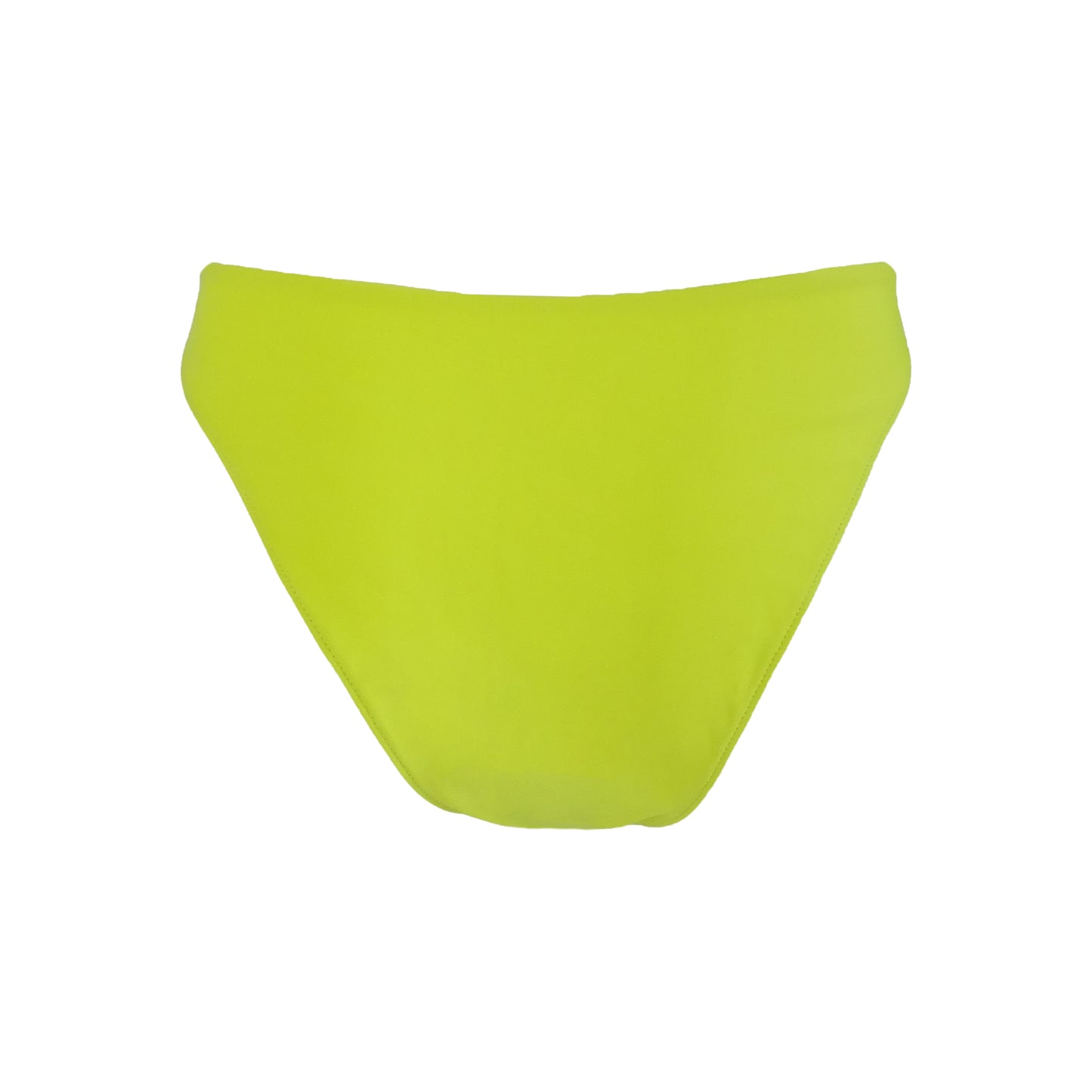 Back view of Neon Yellow v shape mid rise bikini bottom with asymmetric seam detail, high cut sides and cheeky bum coverage.