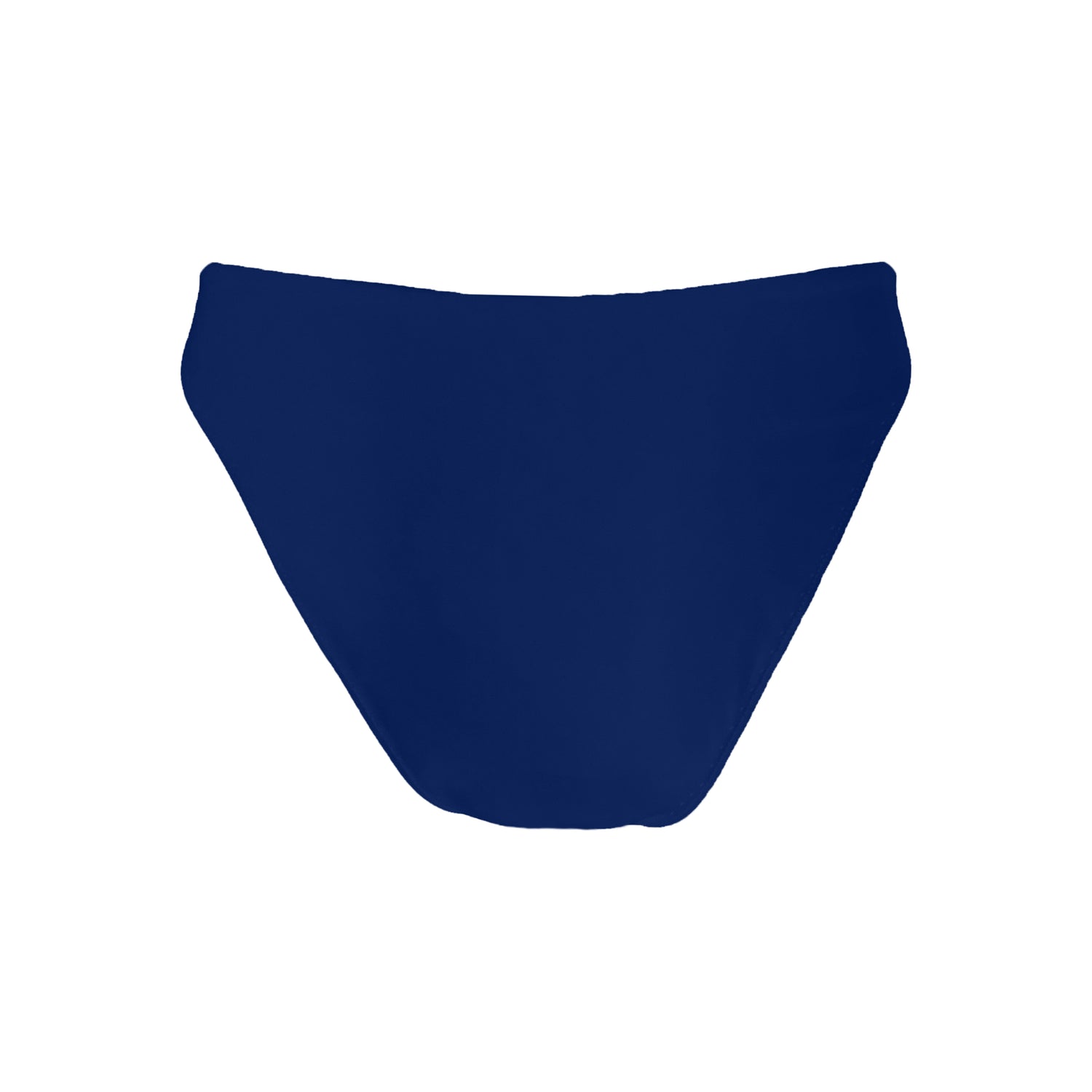 Back view of v shape midnight navy v shape mid rise bikini bottom with asymmetric seam detail, high cut sides and cheeky bum coverage.