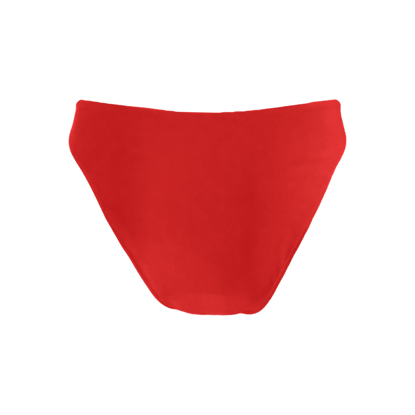 Back view of red v shape mid rise bikini bottom with asymmetric seam detail, high cut sides and cheeky bum coverage.