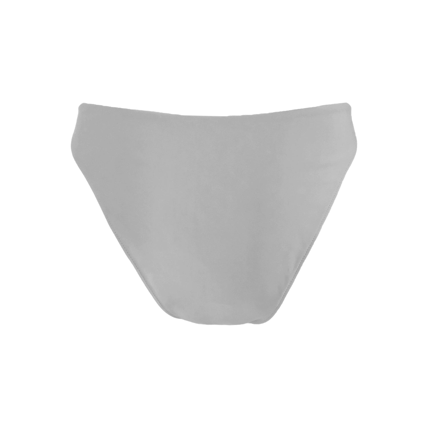 Back view of light grey v shape mid rise bikini bottom with asymmetric seam detail, high cut sides and cheeky bum coverage.