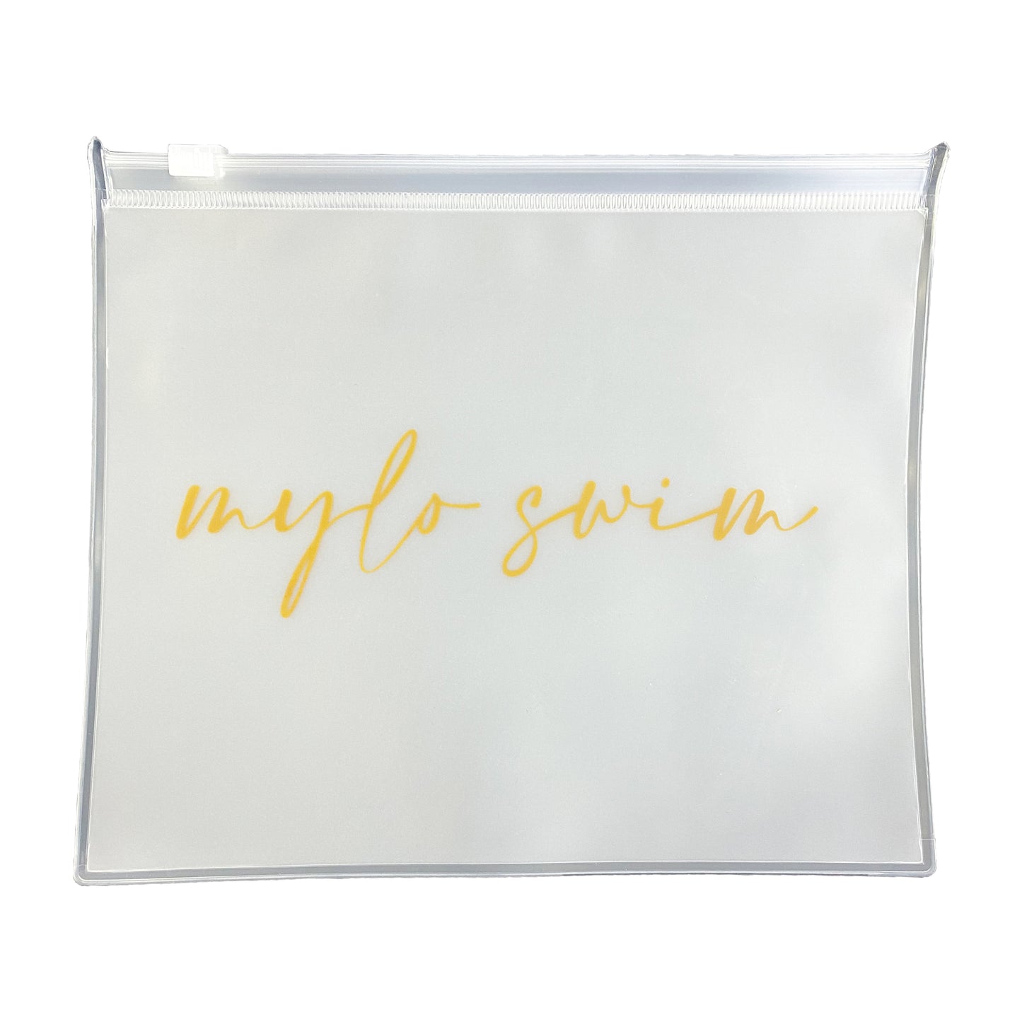 Biodegradable ziploc pouch for wet swimwear or beach items. Pouch has mylo swim scripted in gold across. 