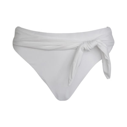 White mid rise bikini bottom with added front tie belt detail and cheeky bum coverage.