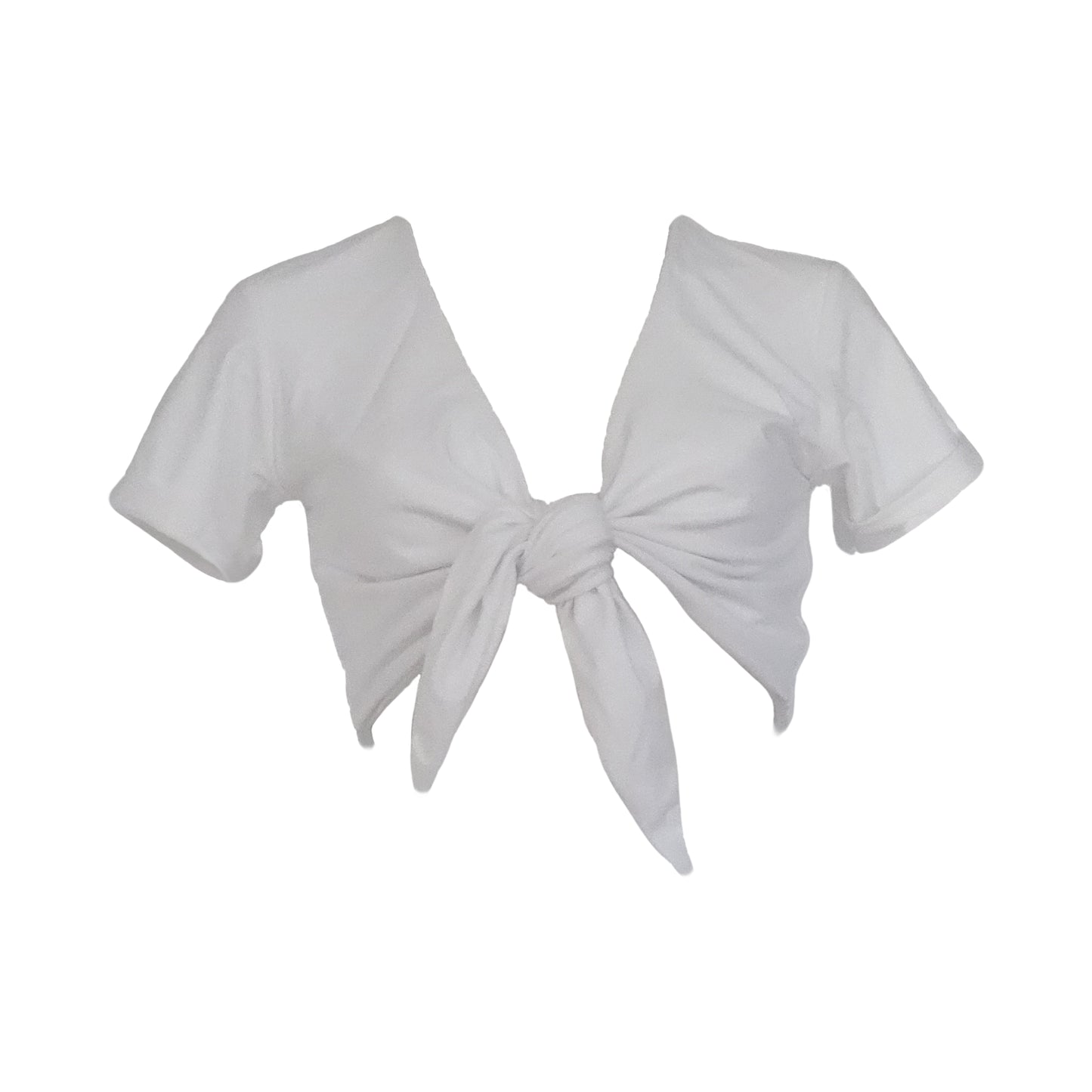 White short sleeve bikini top with adjustable tie front and rolled cuff short sleeves. This bikini top has a plunging neckline illusion and gives versatility to double as a crop top.