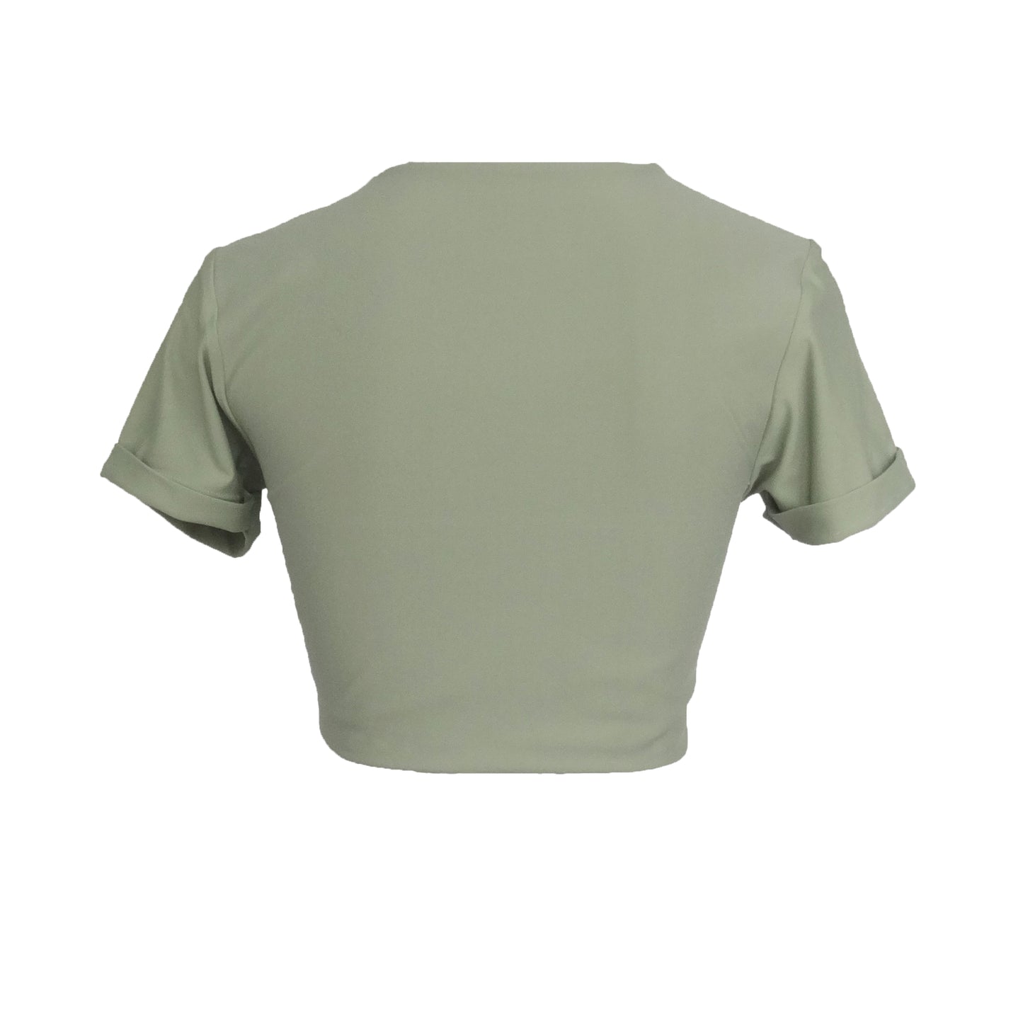 Back view of sage green short sleeve bikini top with adjustable tie front and rolled cuff short sleeves. This bikini top has a plunging neckline illusion and gives versatility to double as a crop top.