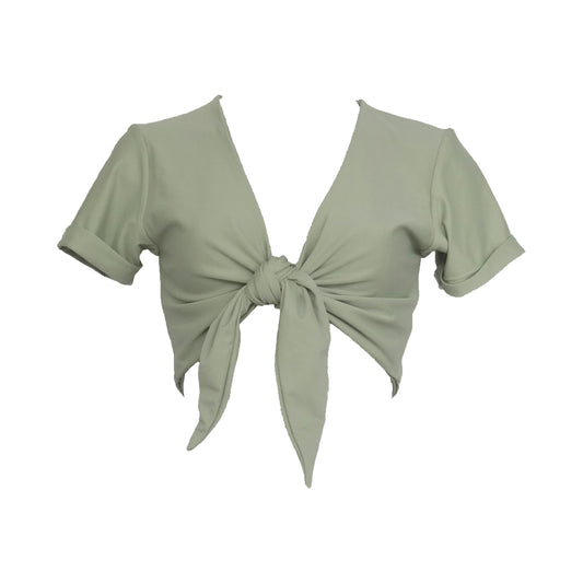 Sage green short sleeve bikini top with adjustable tie front and rolled cuff short sleeves. This bikini top has a plunging neckline illusion and gives versatility to double as a crop top.