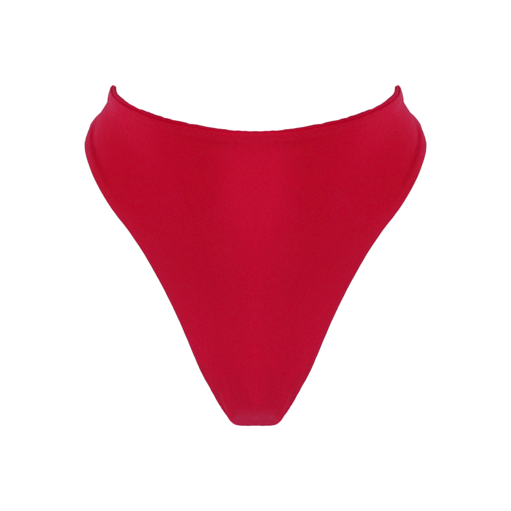 Red High waist thong bikini bottom with high cut legs and thong bum coverage.