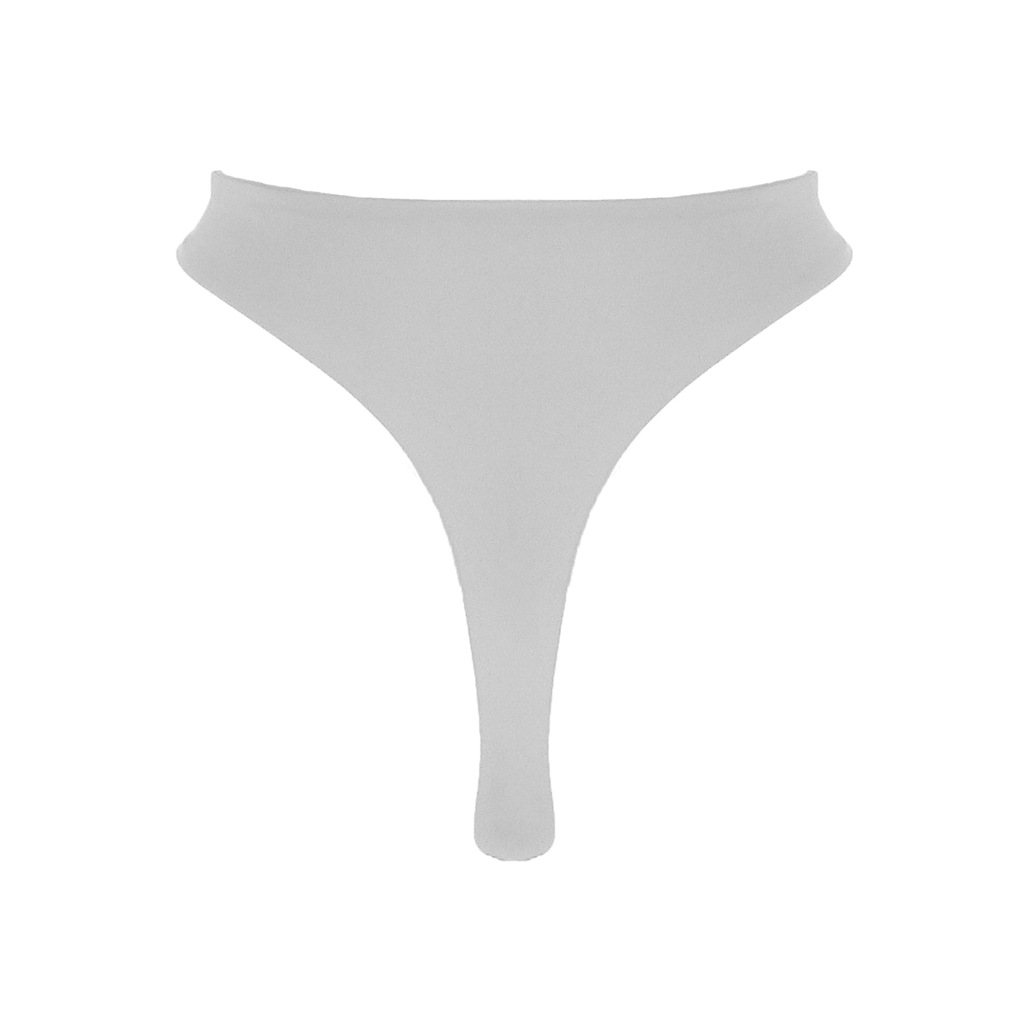 Back view of light grey High waist thong bikini bottom with high cut legs and thong bum coverage.