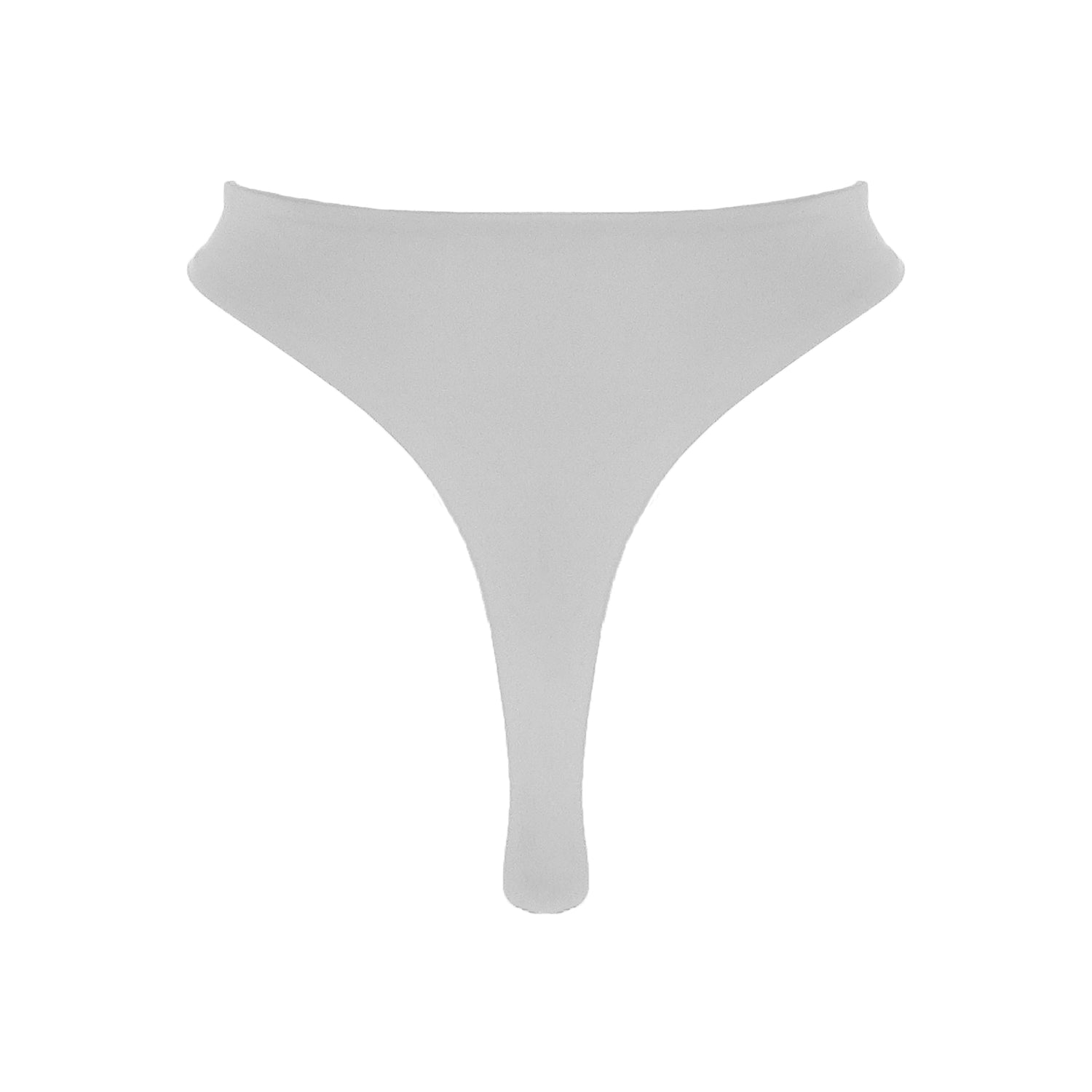 Back view of light grey High waist thong bikini bottom with high cut legs and thong bum coverage.