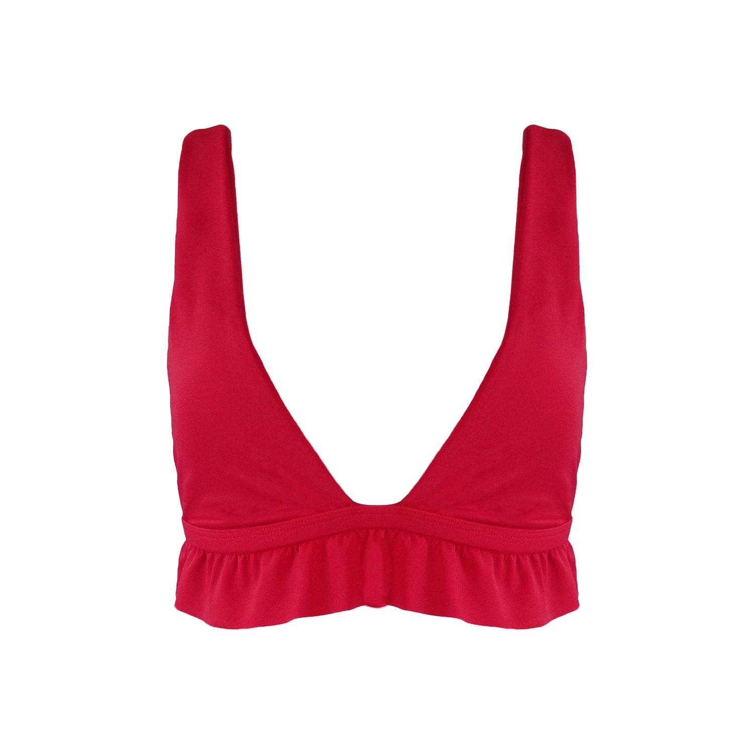 Red bralette style Plunging V-neck bikini top with ruffle hem.