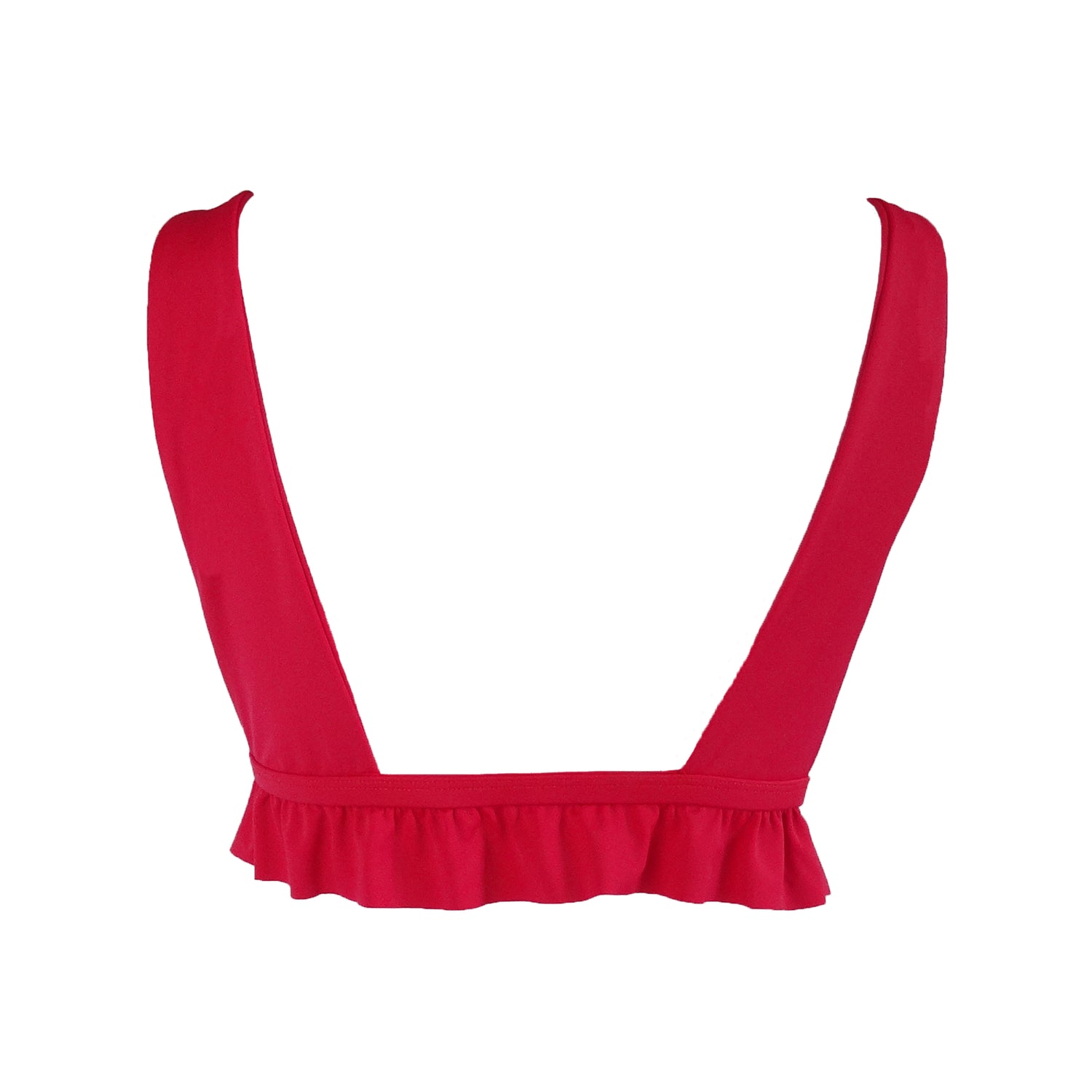 Back view of red bralette style Plunging V-neck bikini top with ruffle hem.