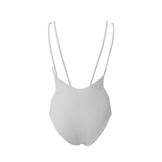 Back view of white simplistic one piece swimsuit with a plunging v neck and skinny straps. It has high cut legs with cheeky coverage and a low back. The back side has 4 skinny straps to elevate its simplicity.