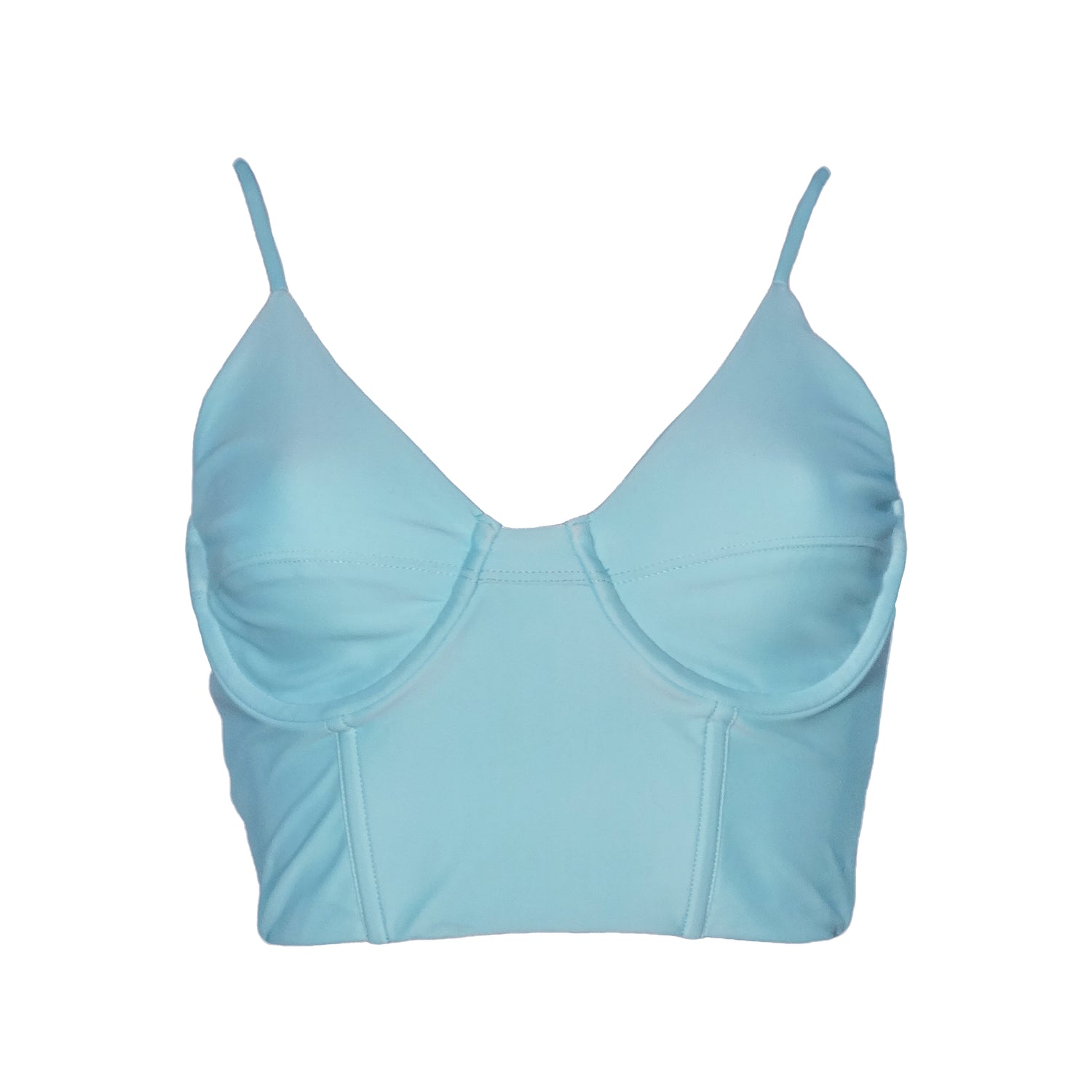 Ocean blue bustier bikini top with adjustable straps, underwire and princess seam boning. 