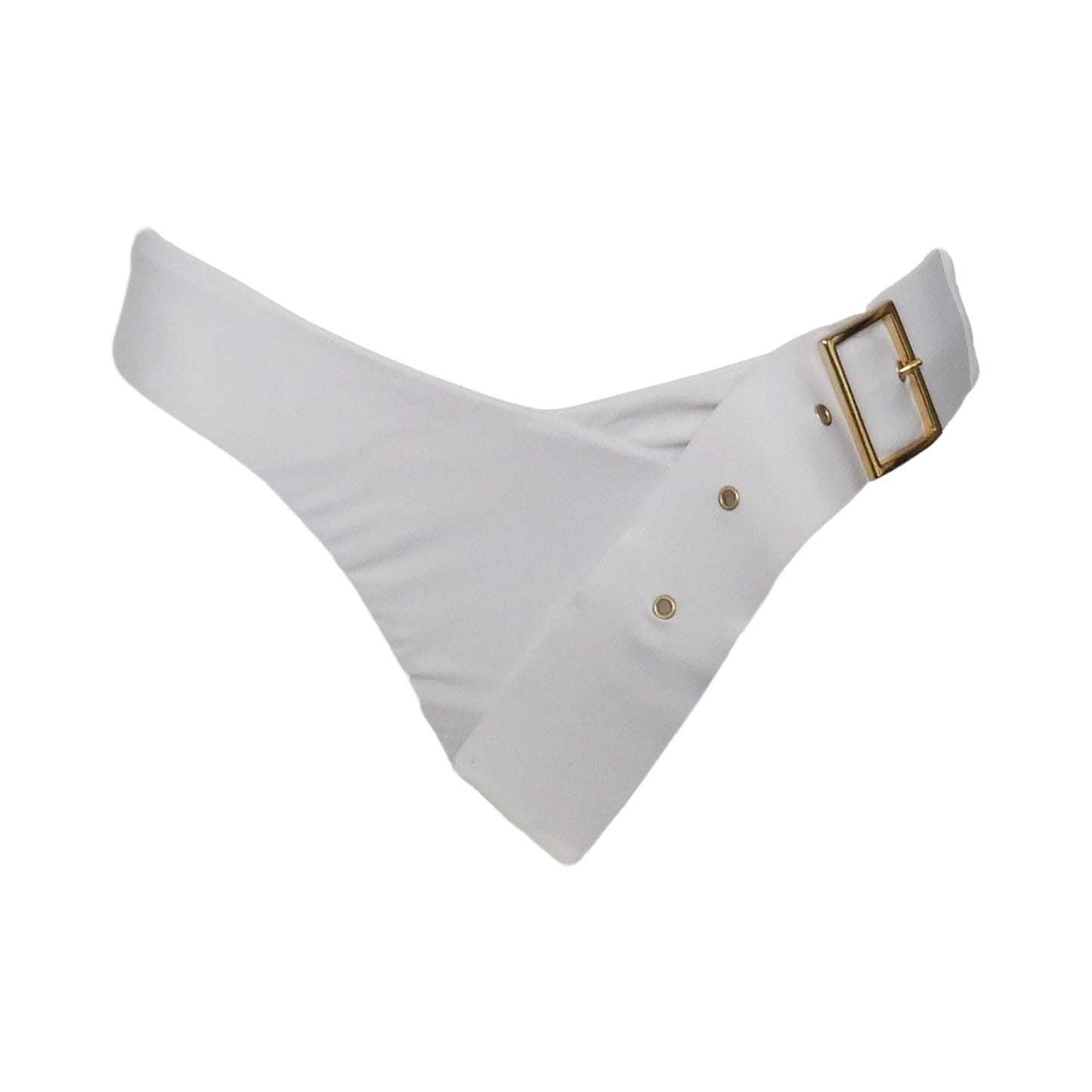 White low rise bikini bottom with left side adjustable gold belt buckle strap and cheeky bum coverage.