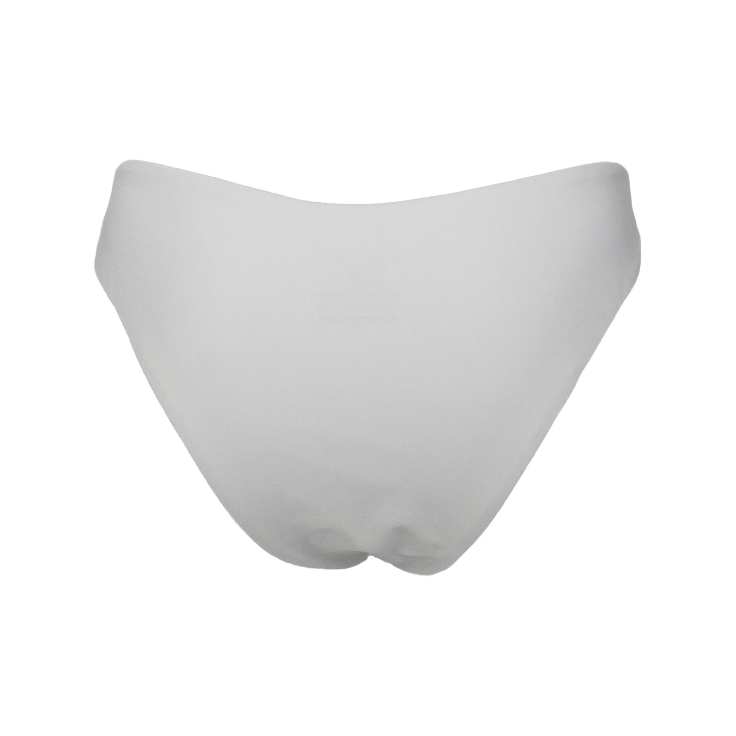 Back view of white low rise bikini bottom with left side adjustable gold belt buckle strap and cheeky bum coverage.