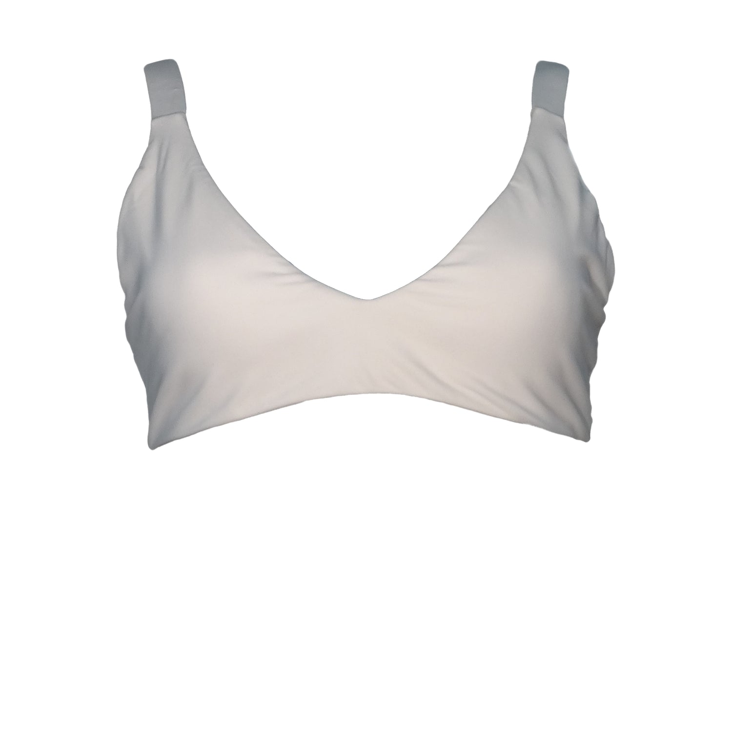 White bralette bikini top with plunging v-neck, wide shoulder straps, and gold belt buckle back closure. 