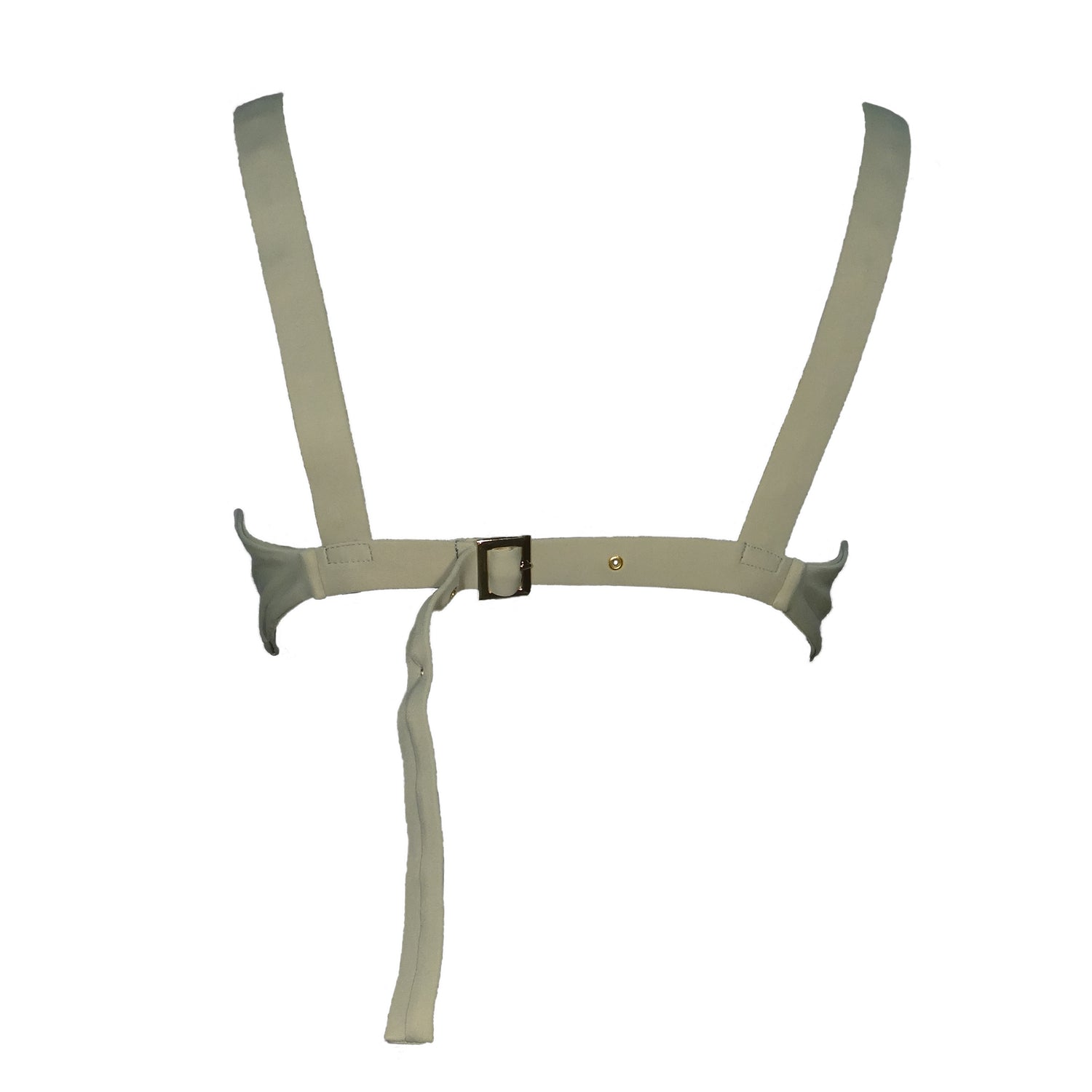 Back view of sage bralette bikini top with plunging v-neck, wide shoulder straps, and gold belt buckle back closure. 
