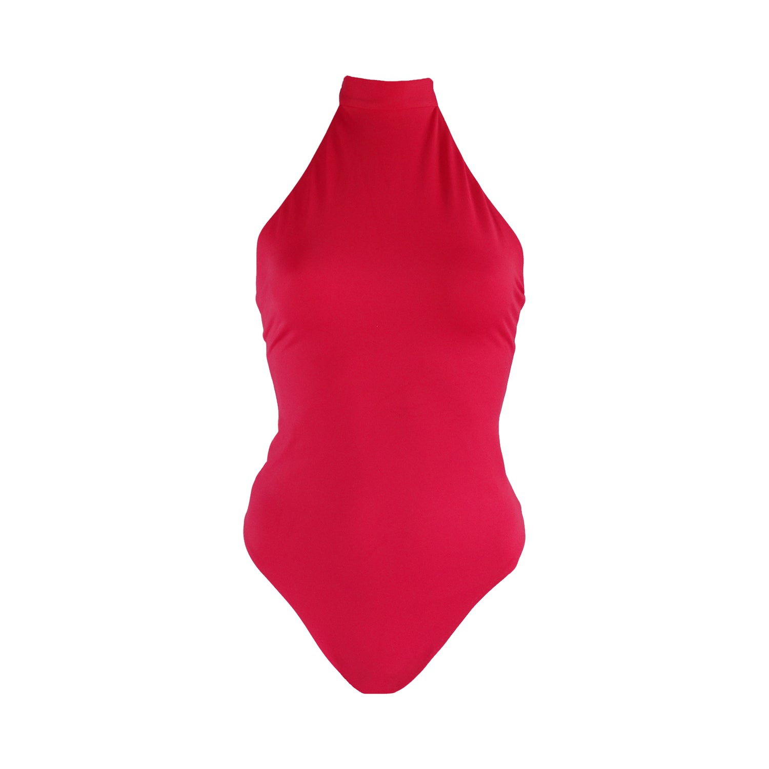 Red Tie mock neck halter one piece swimsuit with a low back, high cut legs and cheeky bum coverage.