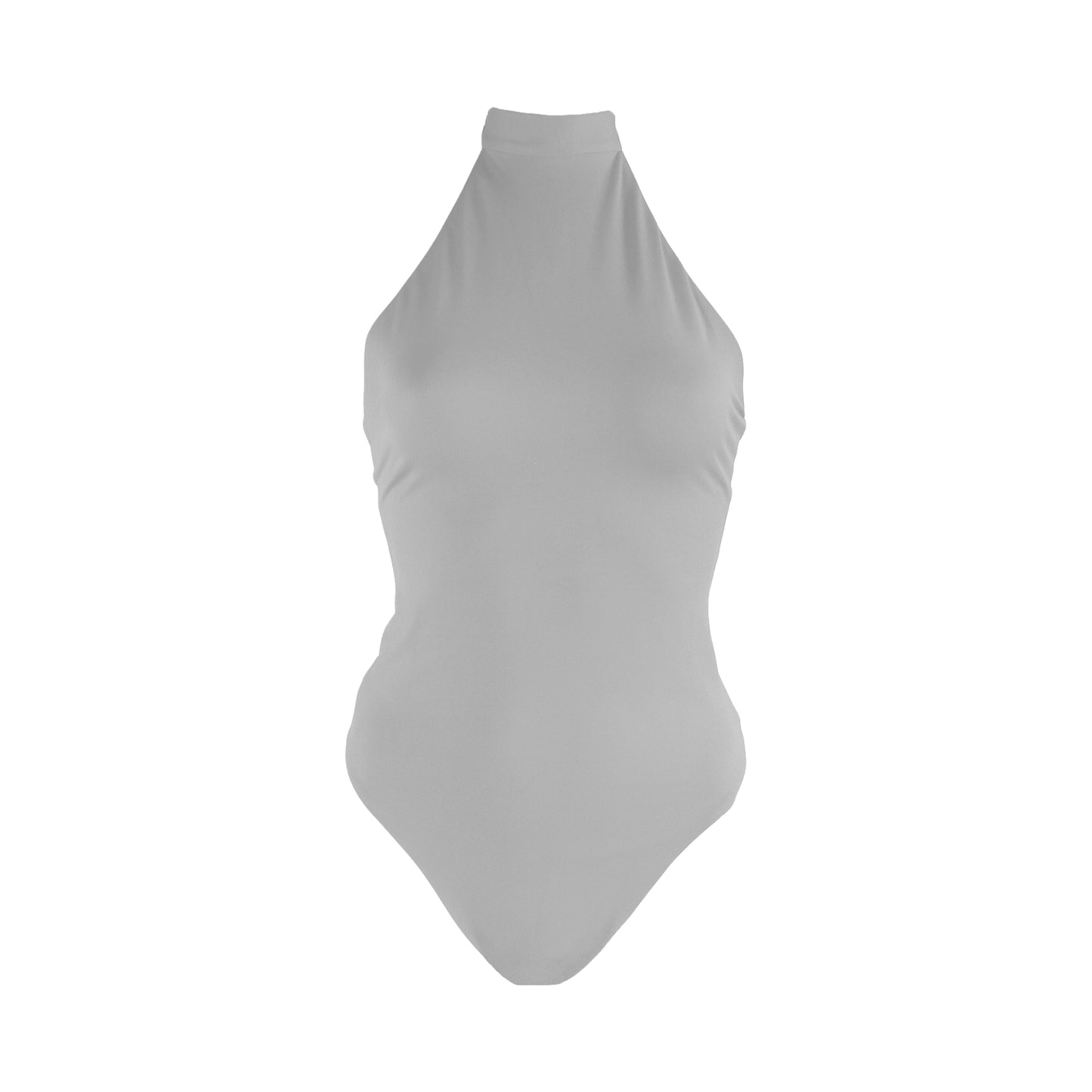 Light grey Tie mock neck halter one piece swimsuit with a low back, high cut legs and cheeky bum coverage.
