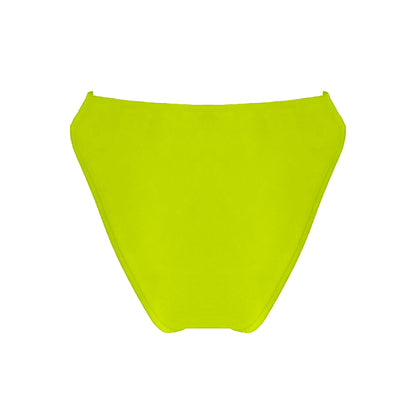 Back view of Bright yellow High waist bikini bottom with high cut legs and cheeky bum coverage.