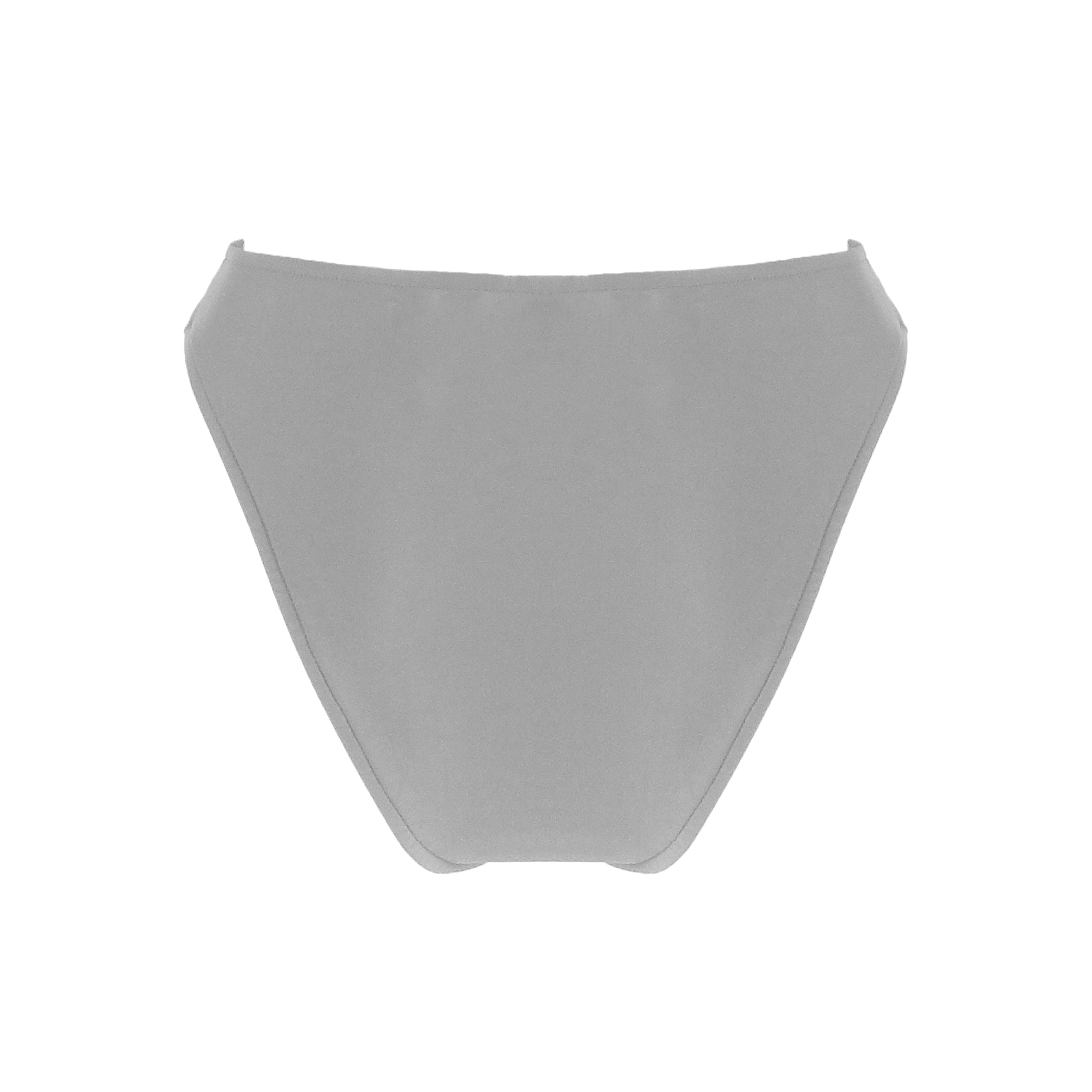 Back view of light grey High waist bikini bottom with high cut legs and cheeky bum coverage.